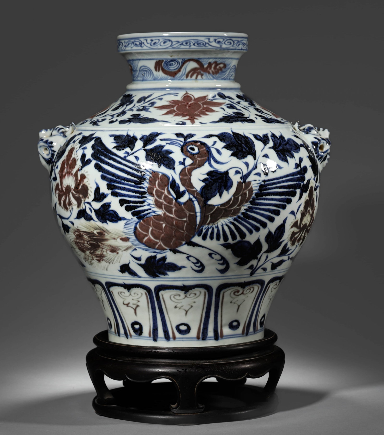 A BLUE AND WHITE AND UNDERGLAZE-RED 'PHOENIX' BEAST-HANDLE VASE: A BLUE AND WHITE AND UNDERGLAZE-RED 'PHOENIX' BEAST-HANDLE VASE Height: 14 3/8 in. (36.5 cm)