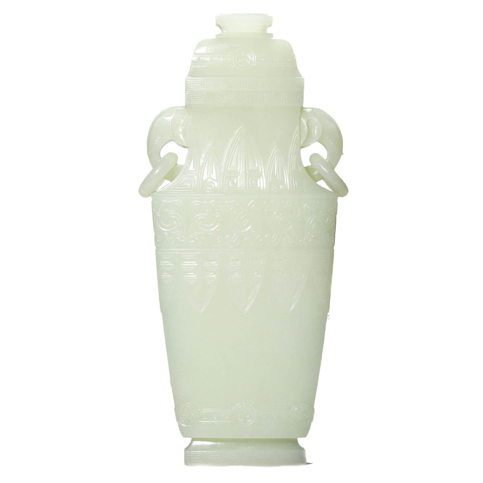 A PALE CELADON JADE BEAST-EAR COVERED VASE (1 of 9)