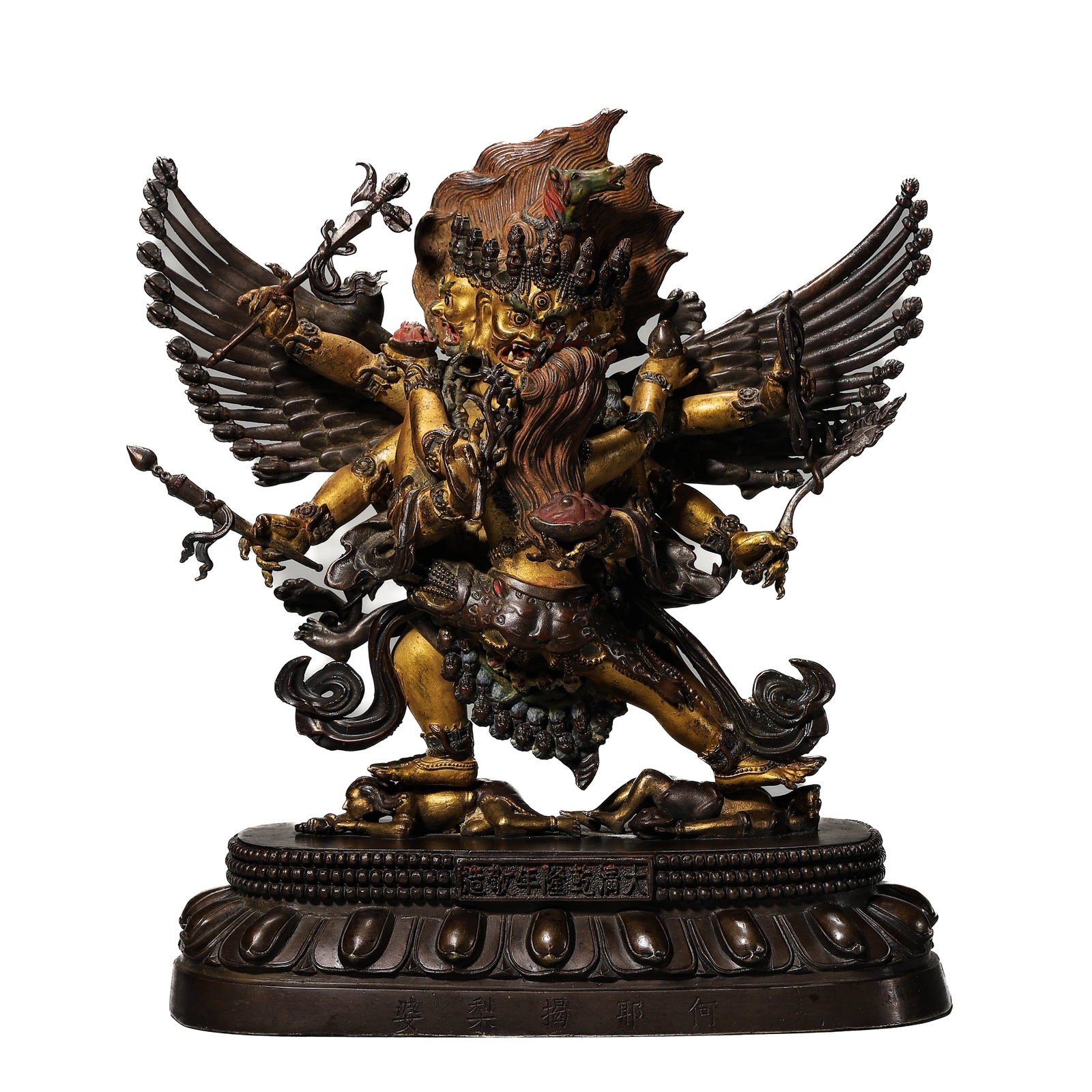A COPPER AND LACQUER GILT VAJRAPANI FIGURE: A COPPER AND LACQUER GILT VAJRAPANI FIGURE Height: 10 in. (25.3 cm), Length: 8 5/8 in. (22 cm)