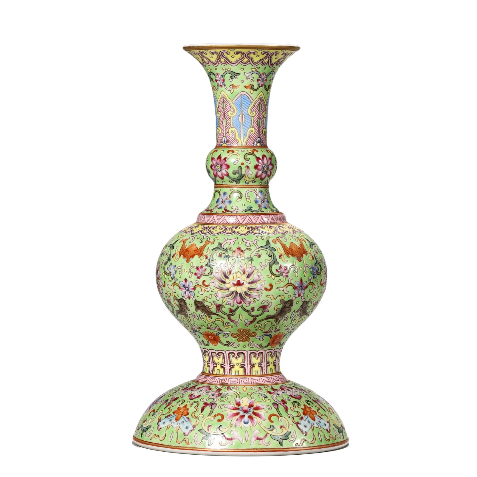 A GREEN-GROUND FAMILLE ROSE 'FLOWERS AND TIBETAN ' VASE: A GREEN-GROUND FAMILLE ROSE 'FLOWERS AND TIBETAN ' VASE Height: 7 7/8 in. (20 cm)