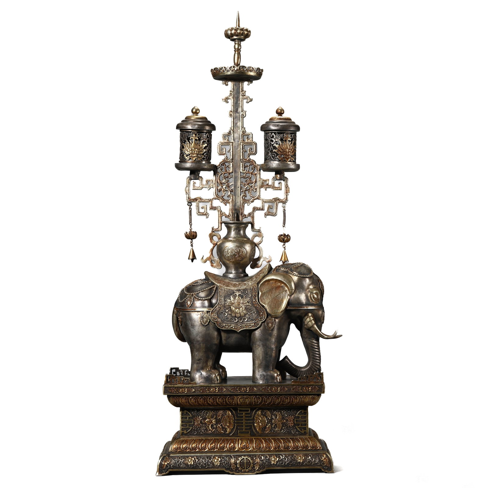 A SILVER-GILT 'TAIPING YOUXIANG' CANDLESTICK: A SILVER-GILT 'TAIPING YOUXIANG' CANDLESTICK Length: 11 1/4 in. (28.5 cm), Width: 6 1/2 in. (16.5 cm), Height: 30 5/16 in. (77 cm)