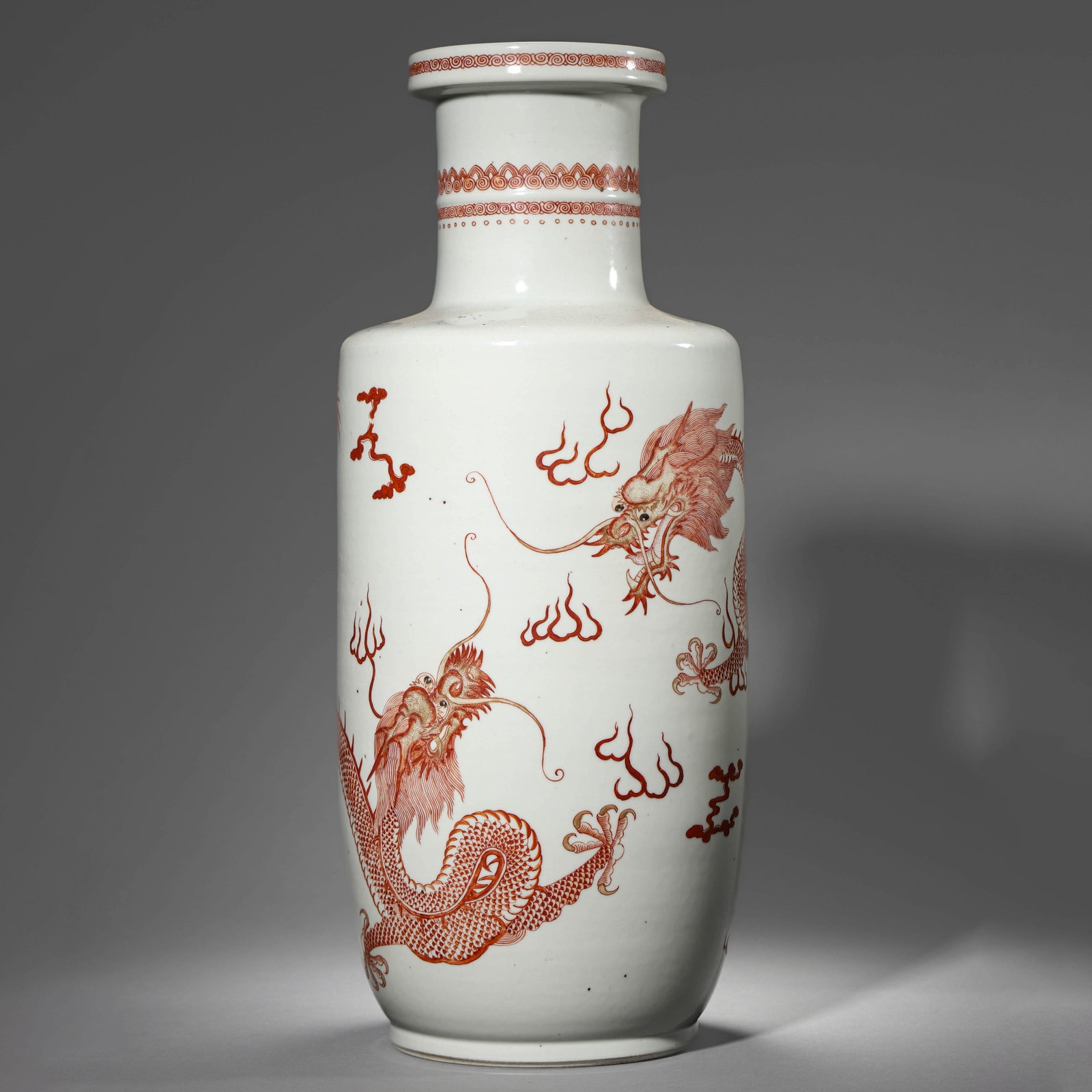 AN UNDERGLAZE-RED 'DRAGON' ROULEAU VASE: AN UNDERGLAZE-RED 'DRAGON' ROULEAU VASE Height: 18 1/8 in. (46 cm)