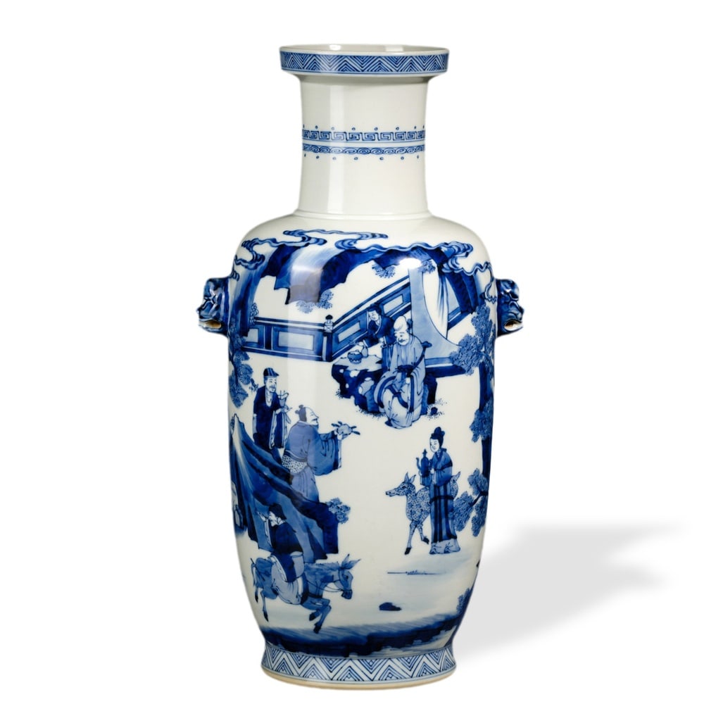 KANGXI BLUE AND WHITE 'FIGURAL NARRATIVE' ROULEAU VASE WITH MYTHICAL-ANIMAL HANDLES (1 of 5)