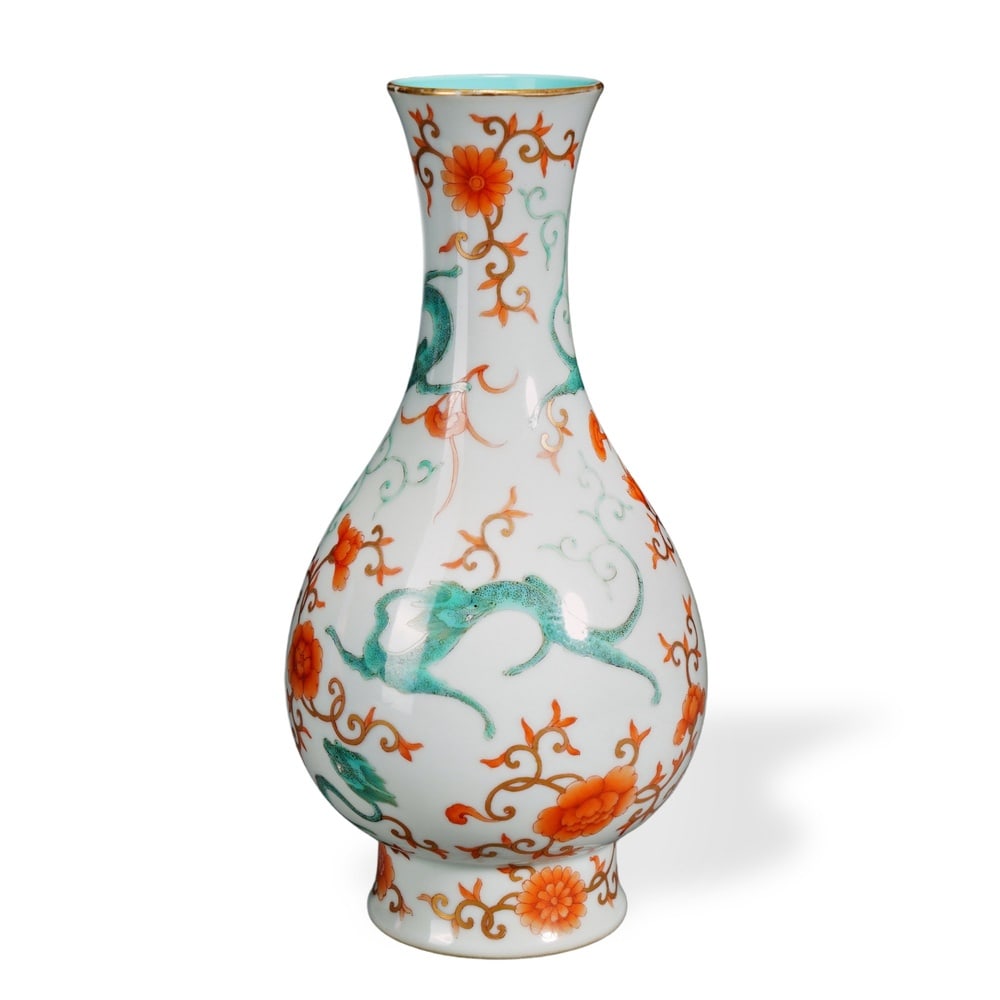 QIANLONG GREEN-ENAMELED AND IRON-RED 'AUSPICIOUS DRAGON AMONG FLOWERS' TRIBUTE VASE (1 of 5)