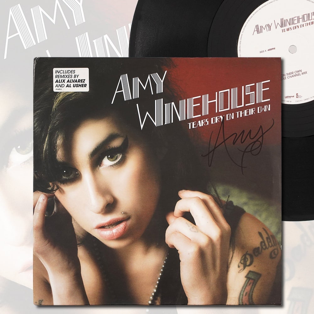 AMY WINEHOUSE SIGNED "TEARS DRY ON THEIR OWN" LP: 12 1/4 x 12 1/4 in Provenance and Authentication: This collectible has undergone a rigorous forensic evaluation. The signatures were carefully analyzed across multiple criteria, including ink