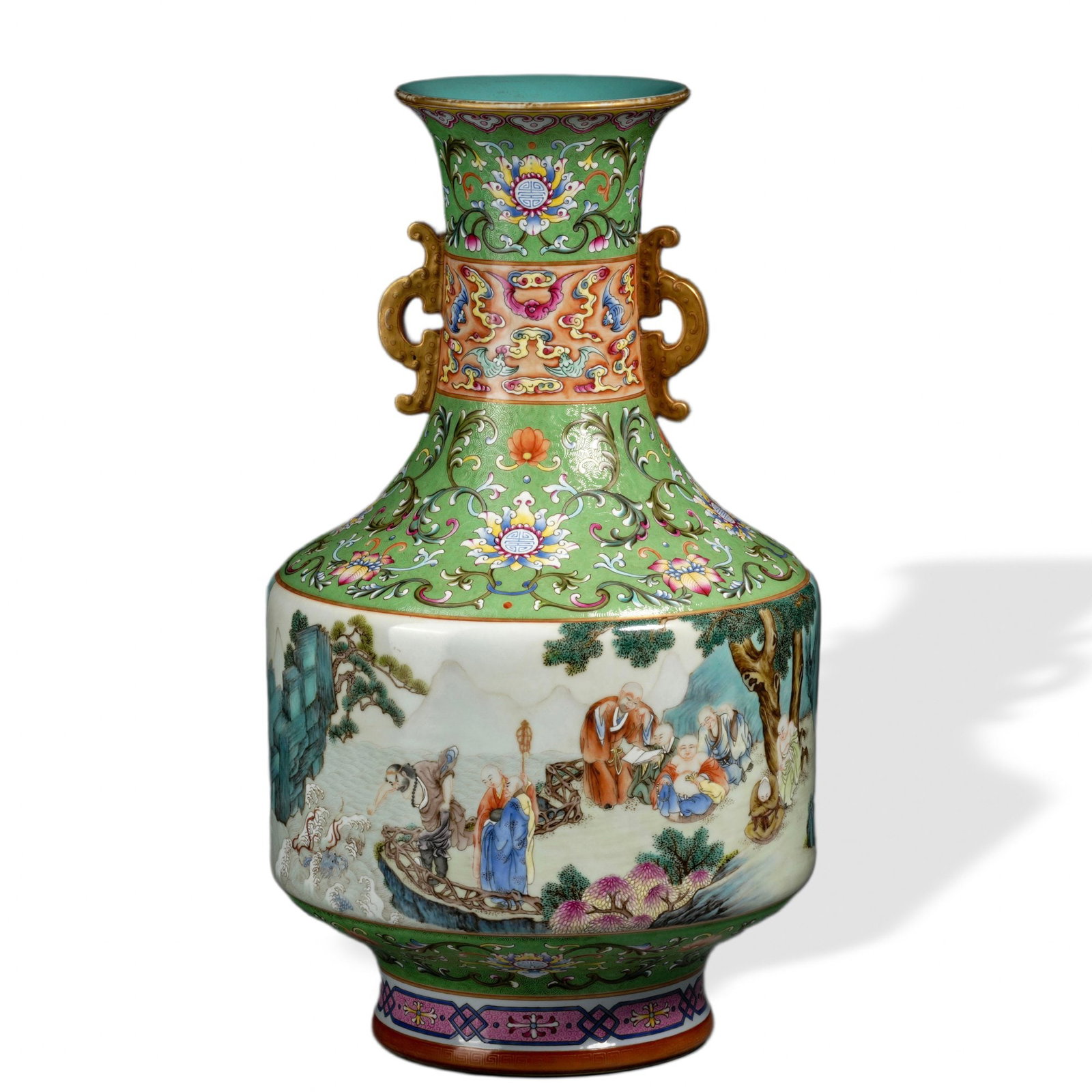 QIANLONG YANGCAI 'EIGHTEEN LUOHANS' TWIN-HANDLED VASE WITH SGRAFFITO FOREIGN FLORAL SCROLL ON GREEN (1 of 5)