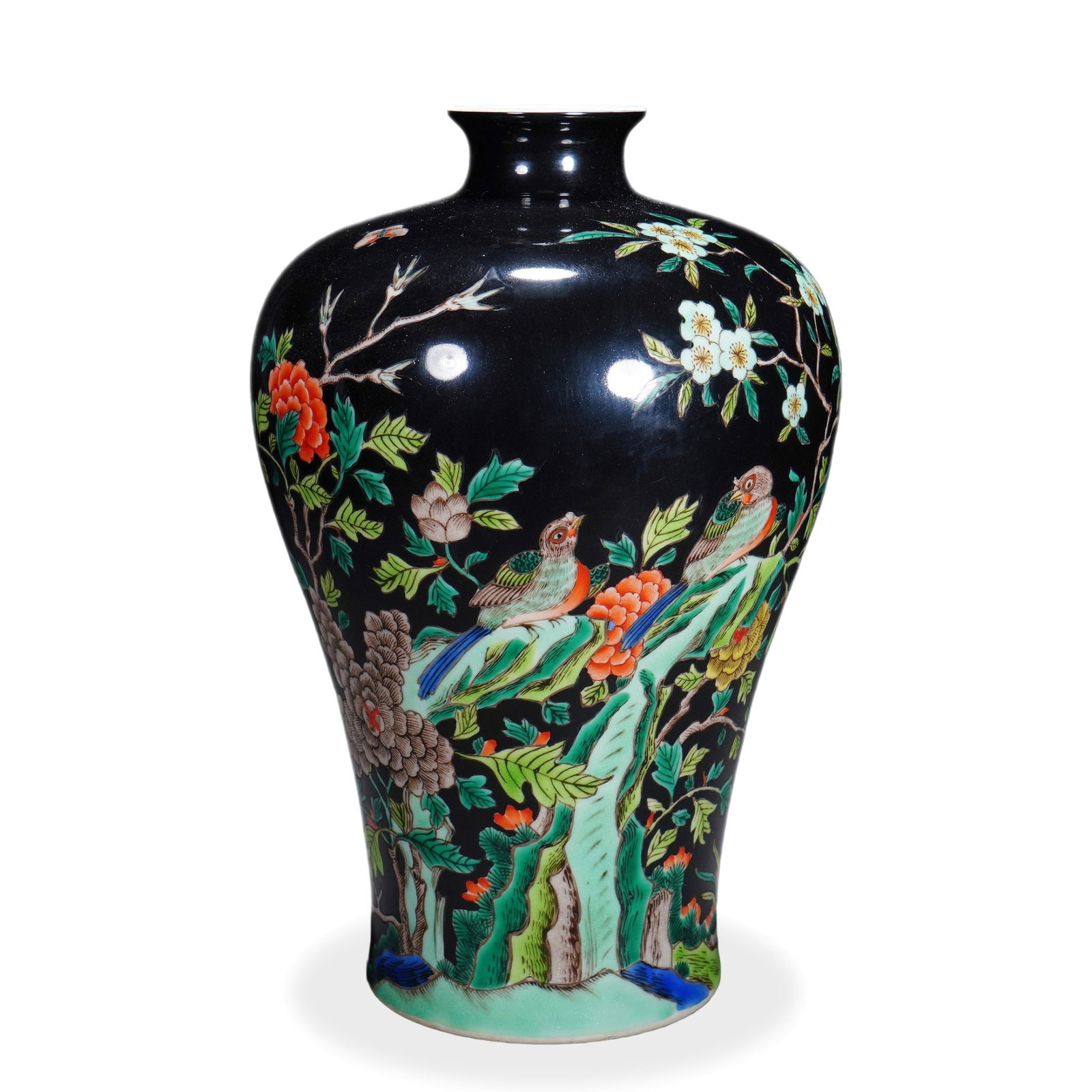 KANGXI FAMILLE ROSE 'PEONY AND BIRDS' MEIPING ON BLACK GROUND: 8 1/4 x 4 3/4 in (21 x 12 cm) Kangxi Famille Rose 'Peony and Birds' Meiping on Black Ground Dimensions: H: 8 1/4 in (21 cm); W: 4 3/4 in (12 cm) This finely potted meiping exemplifies the technical re