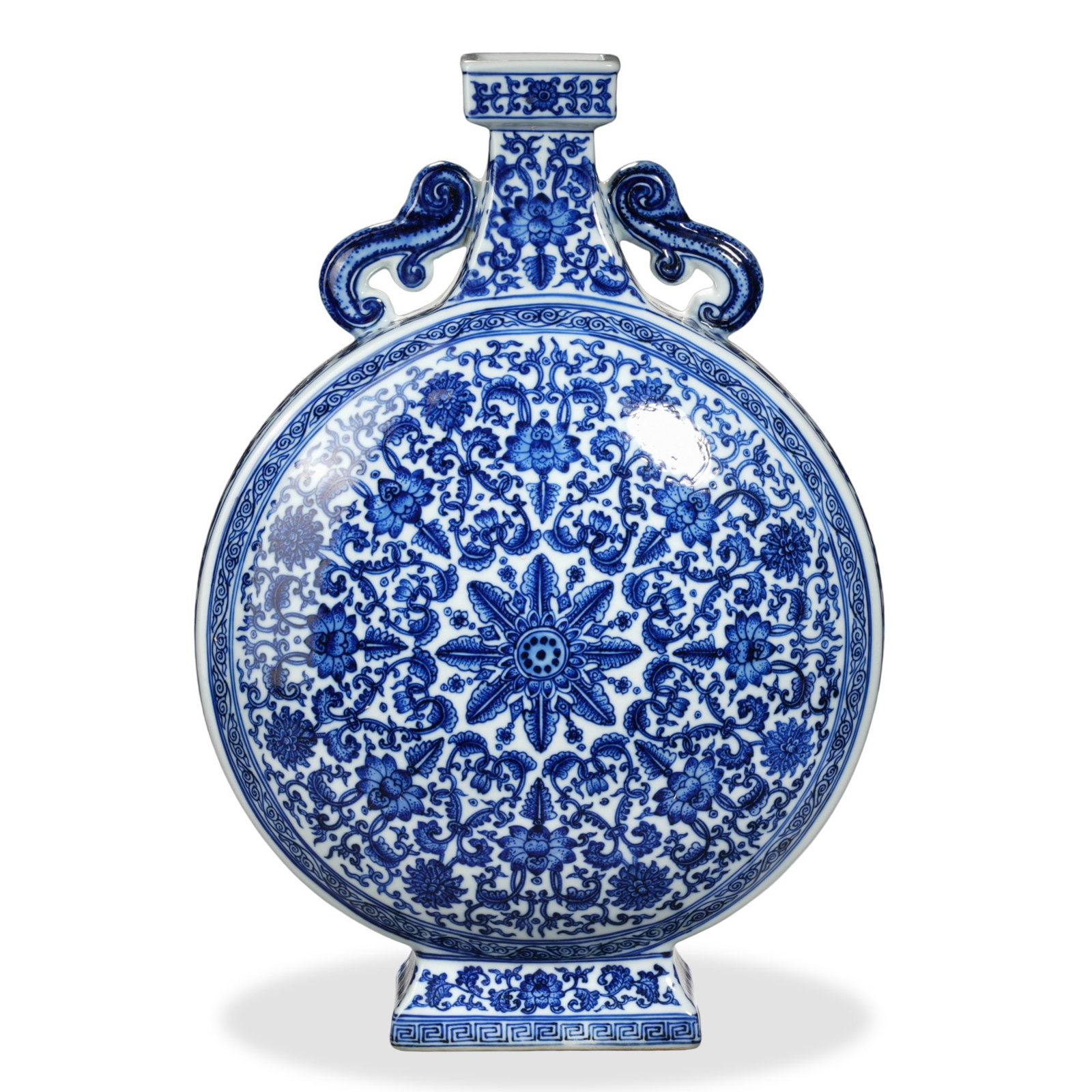 QIANLONG BLUE AND WHITE 'LOTUS SCROLL' MOON FLASK WITH TWIN HANDLES (1 of 5)