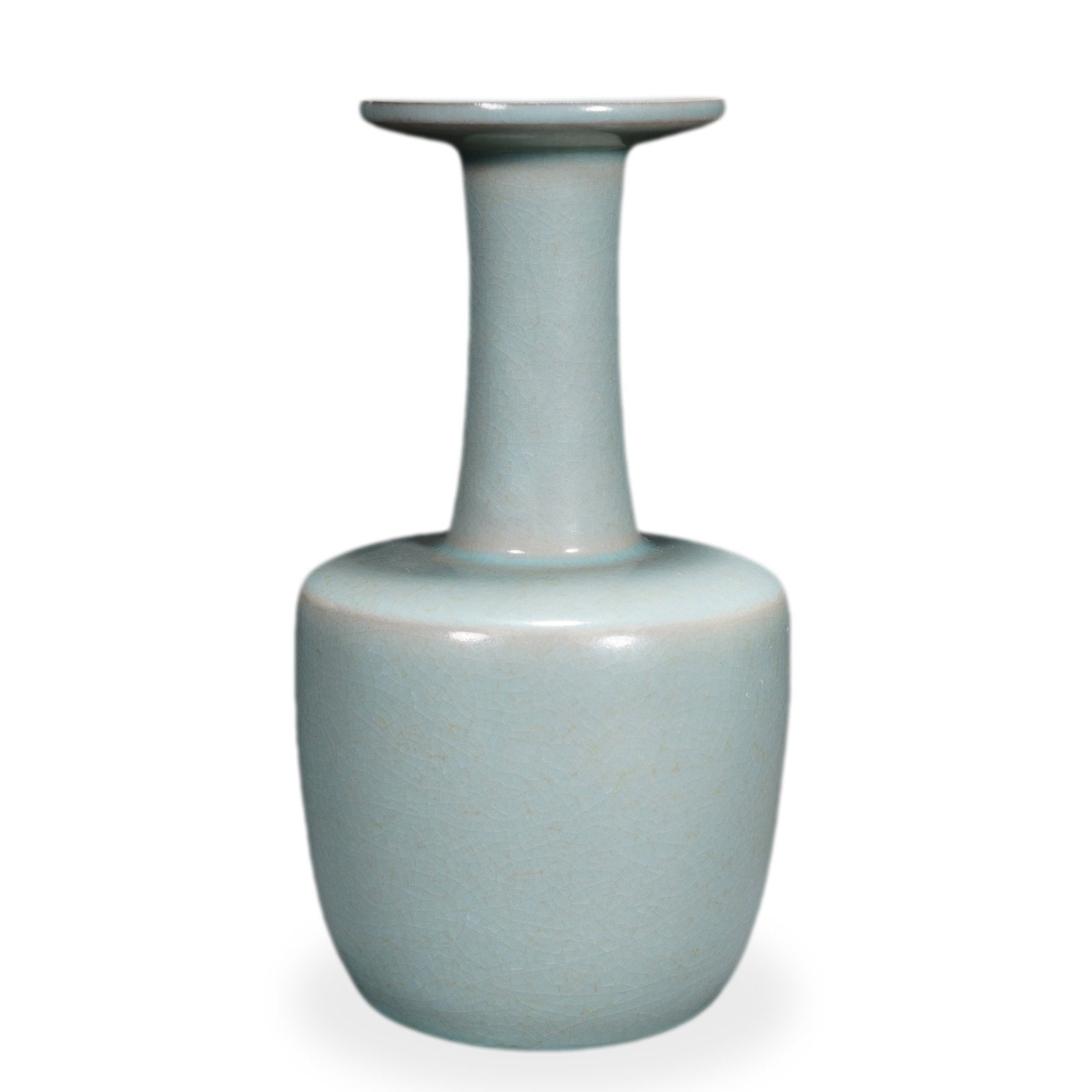 SONG DYNASTY RU WARE SKY-BLUE GLAZED PAPER-MALLET VASE WITH CRACKLE: 7 1/2 x 4 in (19 x 10 cm) Song Dynasty Ru Ware Sky-Blue Glazed Paper-Mallet Vase with Crackle Dimensions: H: 7 1/2 in (19 cm); W: 4 in (10 cm) This rare and elegant paper-mallet vase (zhi chui ping)