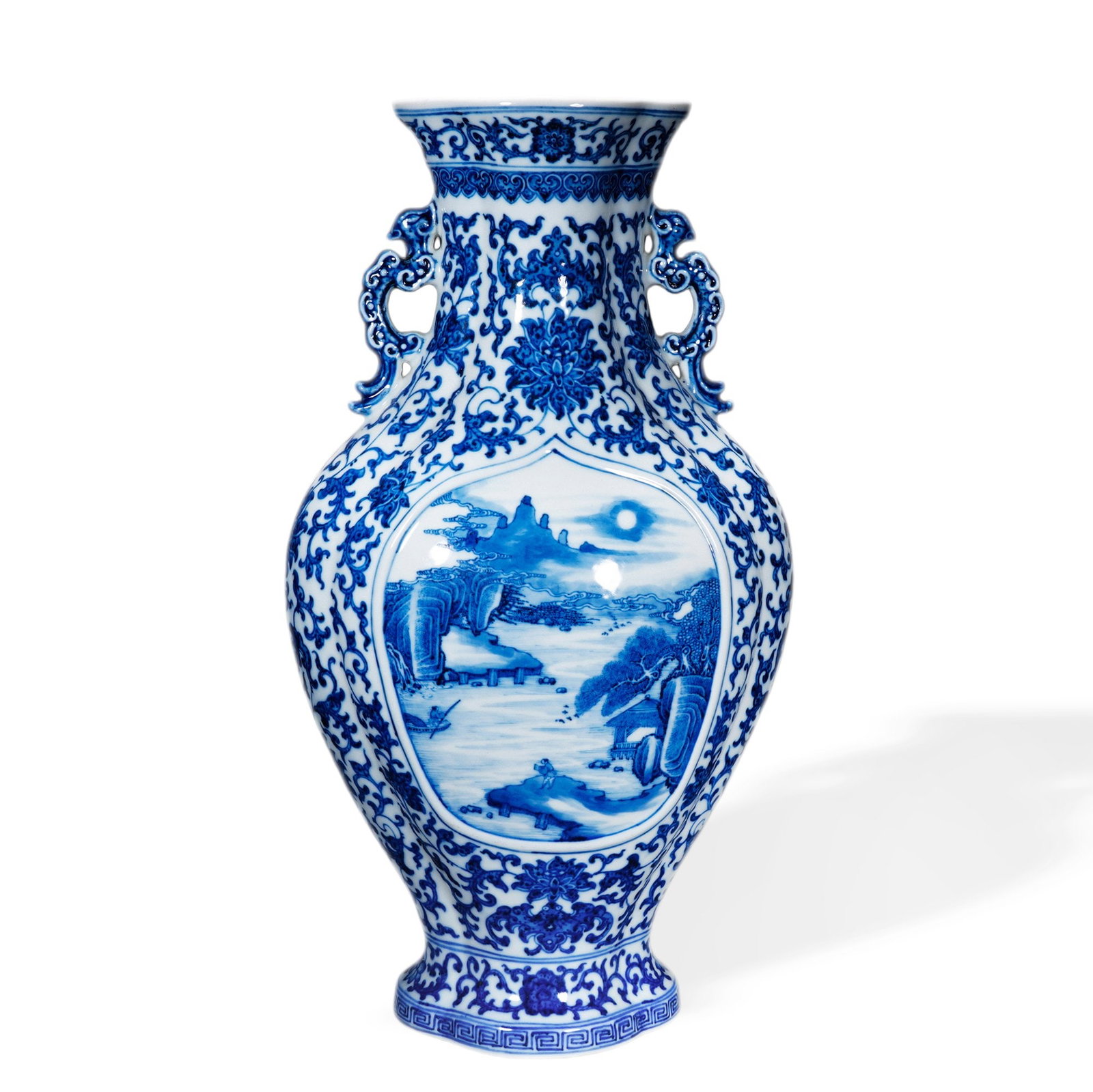 QIANLONG BLUE AND WHITE TWIN-HANDLED FLOWER-MOUTH FLAT VASE WITH CARTOUCHES OF FIGURAL SCENES: 15 3/8 x 8 1/4 in (39 x 21 cm) Qianlong Blue and White Twin-Handled Flower-Mouth Flat Vase with Cartouches of Figural Scenes Dimensions: H: 15 3/8 in (39 cm); W: 8 1/4 in (21 cm) This impressive flat