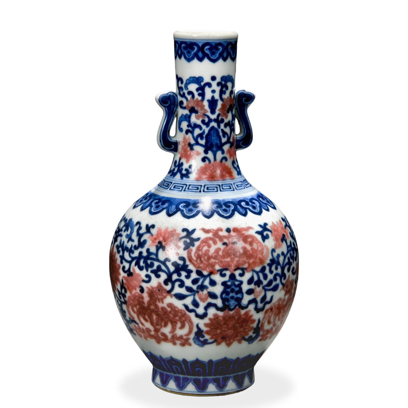 JIAQING BLUE AND WHITE AND COPPER-RED 'FLORAL' TWIN-HANDLED VASE (1 of 5)