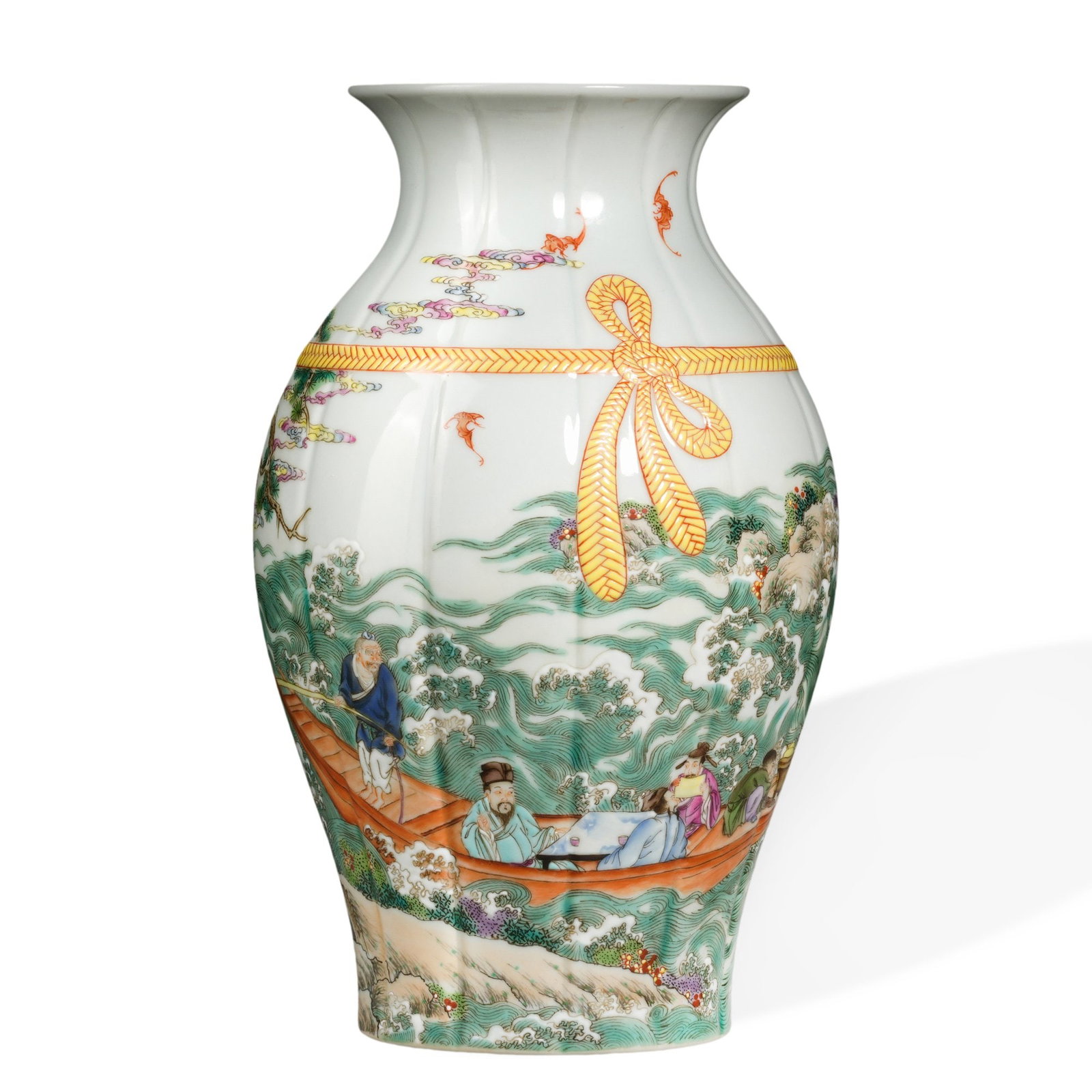 YONGZHENG FAMILLE ROSE 'FIGURAL NARRATIVE' BUNDLE-WRAPPED VASE: 9 x 5 1/8 in (23 x 13 cm) Yongzheng Famille Rose 'Figural Narrative' Bundle-Wrapped Vase Dimensions: H: 9 in (23 cm); W: 5 1/8 in (13 cm) This refined bundle-wrapped vase (baofu ping) exemplifies one