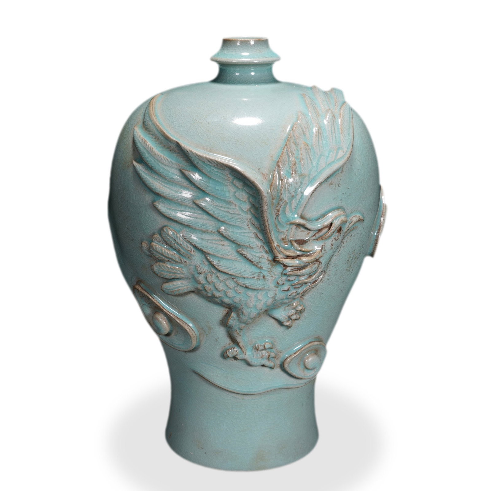 SONG DYNASTY RU WARE POWDER-GREEN GLAZED MEIPING WITH CARVED PHOENIX DESIGN: 10 7/8 x 6 3/4 in (27.5 x 17 cm) Song Dynasty Ru Ware Powder-Green Glazed Meiping with Carved Phoenix Design Dimensions: H: 10 7/8 in (27.5 cm); W: 6 3/4 in (17 cm) This rare and refined meiping