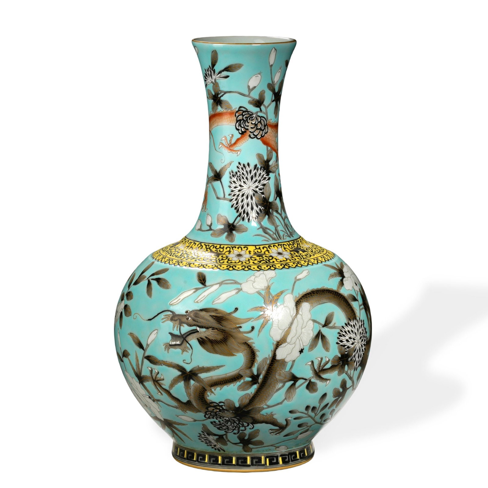 GUANGXU FAMILLE NOIRE 'DRAGON AMONG FLOWERS' TRIBUTE VASE WITH GILT HIGHLIGHTS ON TURQUOISE GROUND (1 of 5)