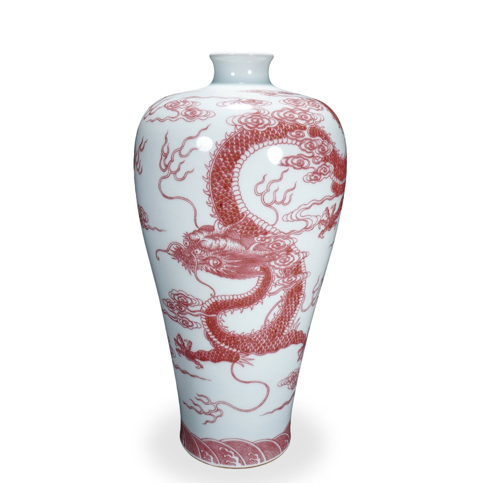 QIANLONG COPPER-RED DECORATED 'COILED DRAGON' MEIPING: 15 x 7 7/8 in (38 x 20 cm) Qianlong Copper-Red Decorated 'Coiled Dragon' Meiping Dimensions: H: 15 in (38 cm); W: 7 7/8 in (20 cm) This commanding meiping exemplifies the technical and decorative