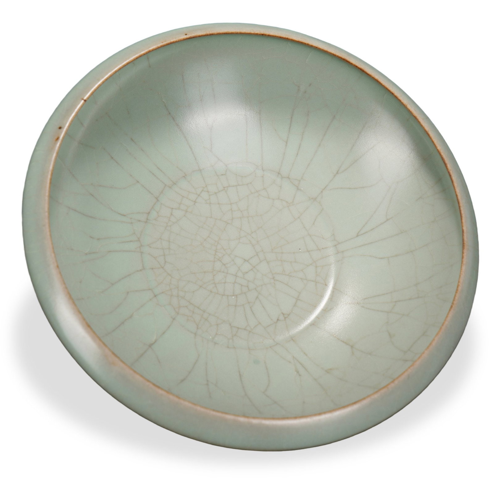 SONG DYNASTY RU WARE PEA-GREEN GLAZED CONICAL 'BAMBOO HAT' BOWL: 2 1/8 x 7 1/8 in (5.5 x 18 cm) Song Dynasty Ru Ware Pea-Green Glazed Conical 'Bamboo Hat' Bowl Dimensions: H: 2 1/8 in (5.5 cm); W: 7 1/8 in (18 cm) This refined conical bowl exemplifies the supreme