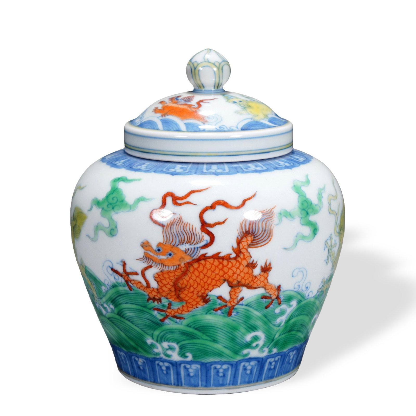MING CHENGHUA DOUCAI 'QILIN' TIAN-MARK JAR: Ming Chenghua Doucai 'Qilin' Tian-Mark Jar Dimensions: H: 5 1/8 in (13 cm); W: 4 in (10 cm) This finely potted small jar exemplifies one of the most celebrated and rarest categories of Ming dynasty