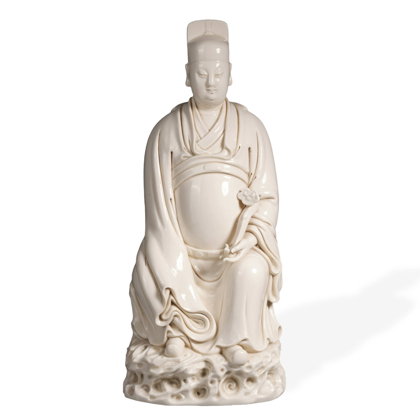 MING DEHUA FIGURE OF WENQUXING, STAR GOD OF LITERATURE, HE CHAOZONG MARK: 15 3/4 x 6 3/4 in (40 x 17 cm) Ming Dehua Figure of Wenquxing, Star God of Literature, He Chaozong Mark Dimensions: H: 15 3/4 in (40 cm); W: 6 3/4 in (17 cm) This commanding standing figure