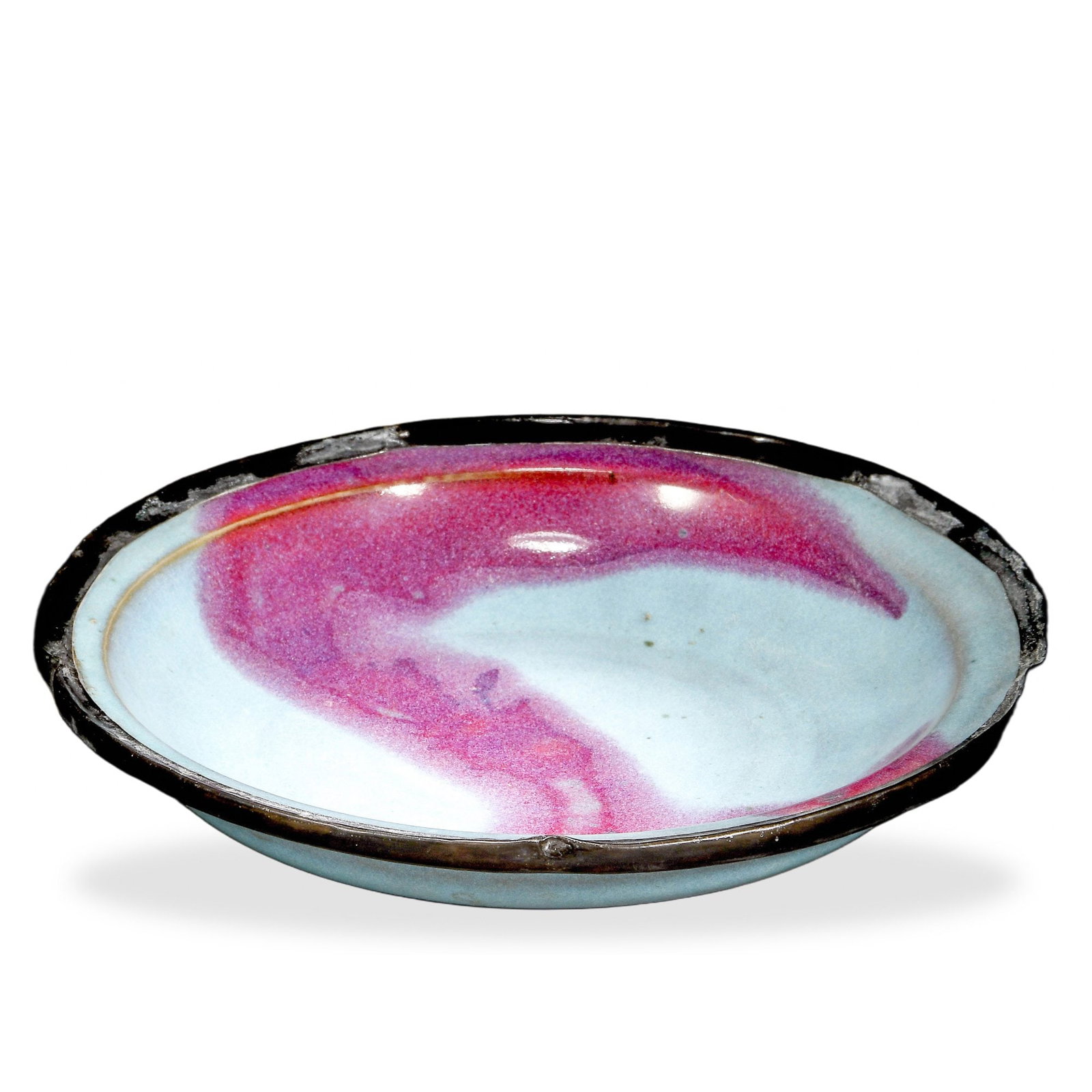 SONG DYNASTY JUN WARE BEGONIA-RED GLAZED FLANGED DISH: 1 3/4 x 8 1/4 in (4.5 x 21 cm) Song Dynasty Jun Ware Begonia-Red Glazed Flanged Dish Dimensions: H: 1 3/4 in (4.5 cm); D: 8 1/4 in (21 cm) This refined dish exemplifies the supreme aesthetic of Song