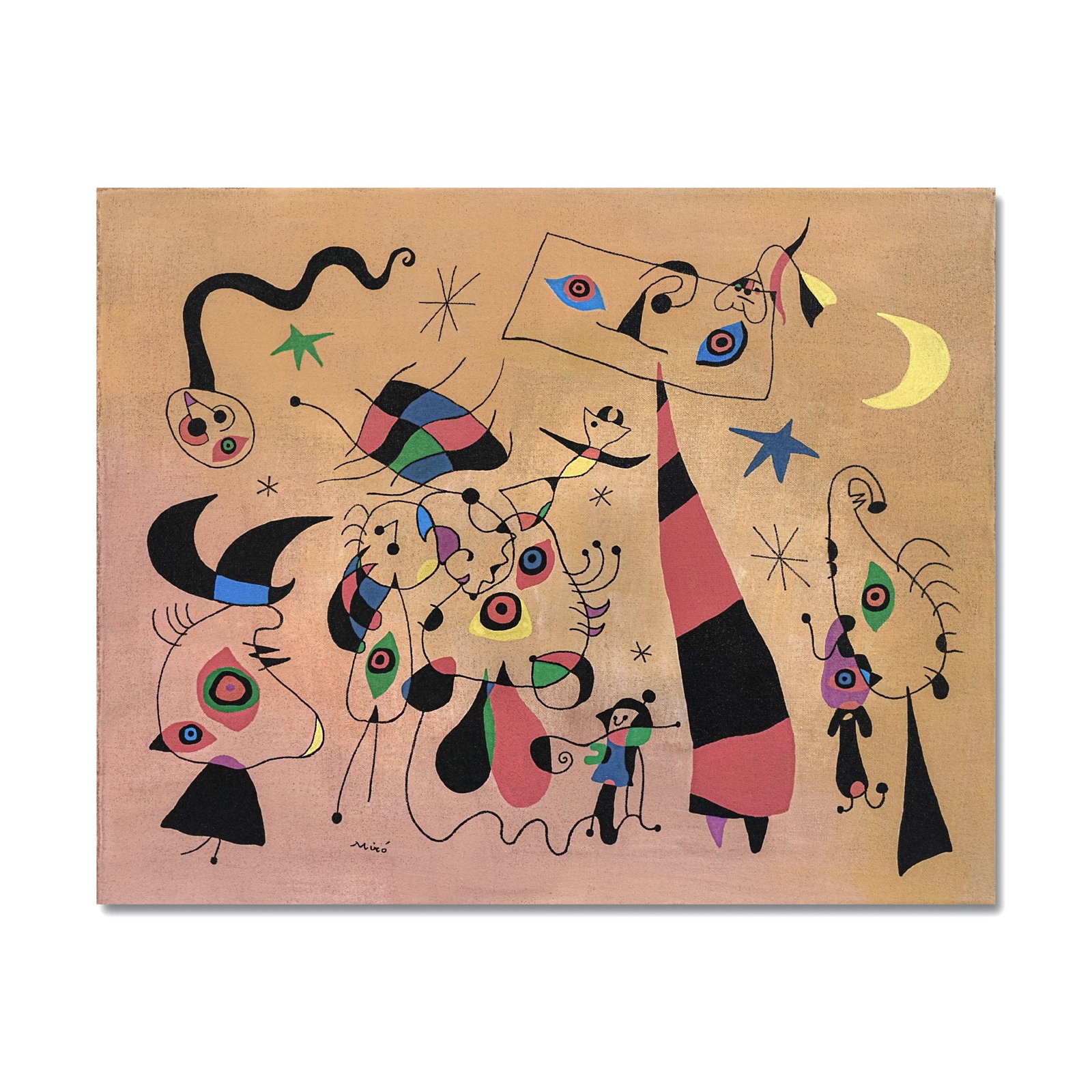 JOAN MIRO (1893-1983), ATTRIBUTED TO, OIL AND CASEIN PAINT ON CANVAS: Signed (lower left and verso) Image Dimensions: 24 x 30 1/4 in (61 x 76.5 cm) This painting comes with COA. Joan Miro, one of the most poetic voices of twentieth-century modernism, developed a pictori