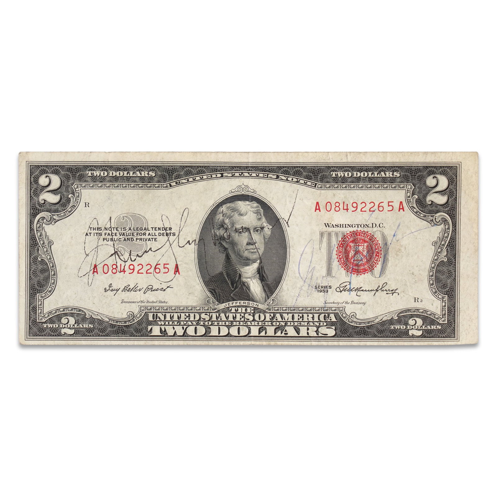 HUMPHREY BOGART & INGRID BERGMAN SIGNED 1953 $2 RED SEAL UNITED STATES NOTE: 6 1/4 x 2 1/2 in (15.7 x 6.5 cm) Provenance and Authentication: This collectible has undergone a rigorous forensic evaluation. The signatures were carefully analyzed across multiple criteria,