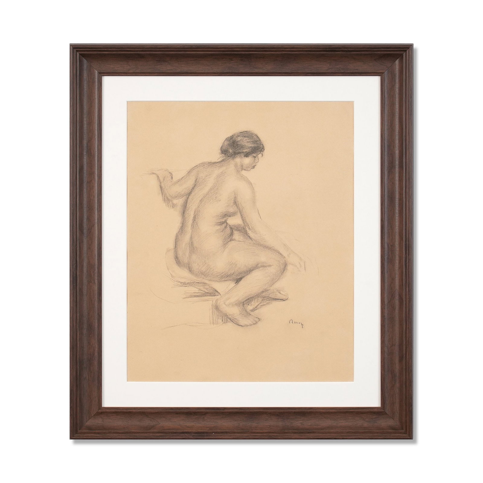 PIERRE-AUGUSTE RENOIR (1841-1919), ATTRIBUTED TO, CHARCOAL ON PAPER: Signed (lower right) Image Dimensions: 19 5/8 x 15 3/4 in (50 x 40 cm) Framed Dimensions: 27 1/2 x 23 5/8 in (70 x 60 cm) This painting comes with COA. Pierre-Auguste Renoir's late works on paper reve