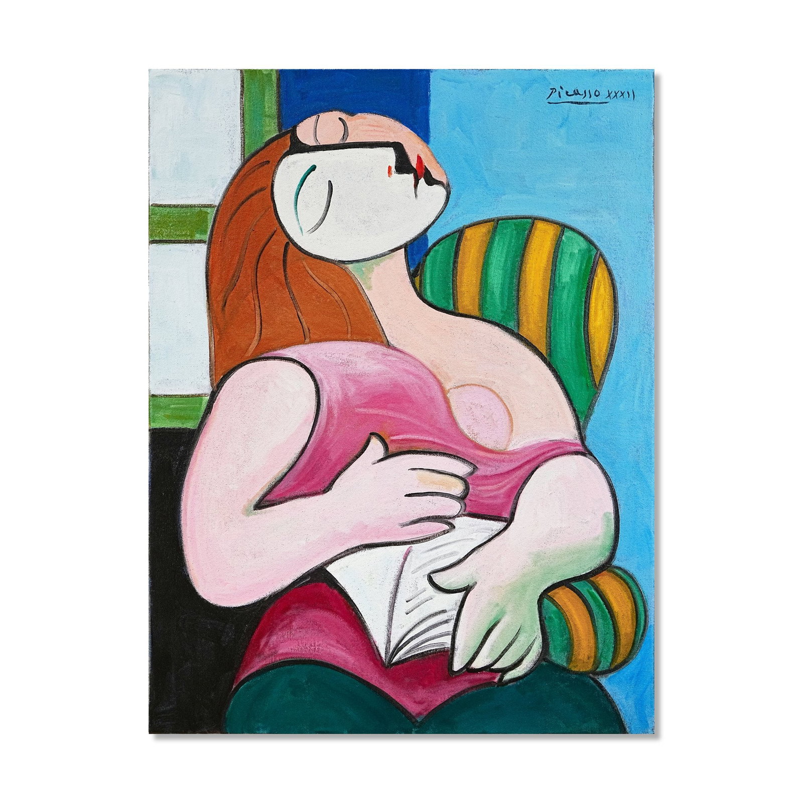 PABLO PICASSO (1881-1973), ATTRIBUTED TO, OIL ON CANVAS: Signed (upper right) Image Dimensions: 31 7/8 x 24 1/4 in (81 x 61.5 cm) This painting comes with COA. Pablo Picasso's depictions of women reading occupy a significant position within his broader