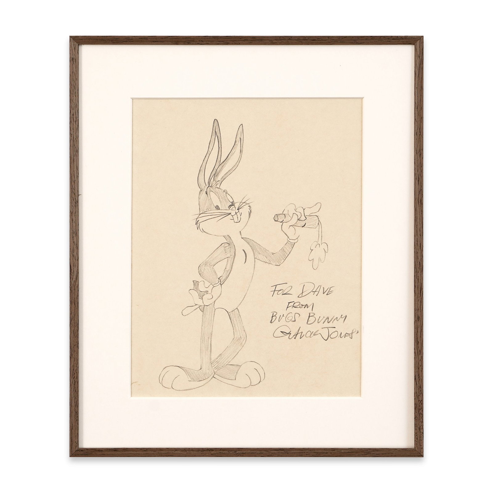 CHUCK JONES SIGNED SKETCH OF BUGS BUNNY: Image Dimensions: 10 x 7 5/8 in (25.5 x 19.5 cm) Provenance and authentication: This collectible has undergone a rigorous forensic evaluation. The signatures were carefully analyzed across multiple