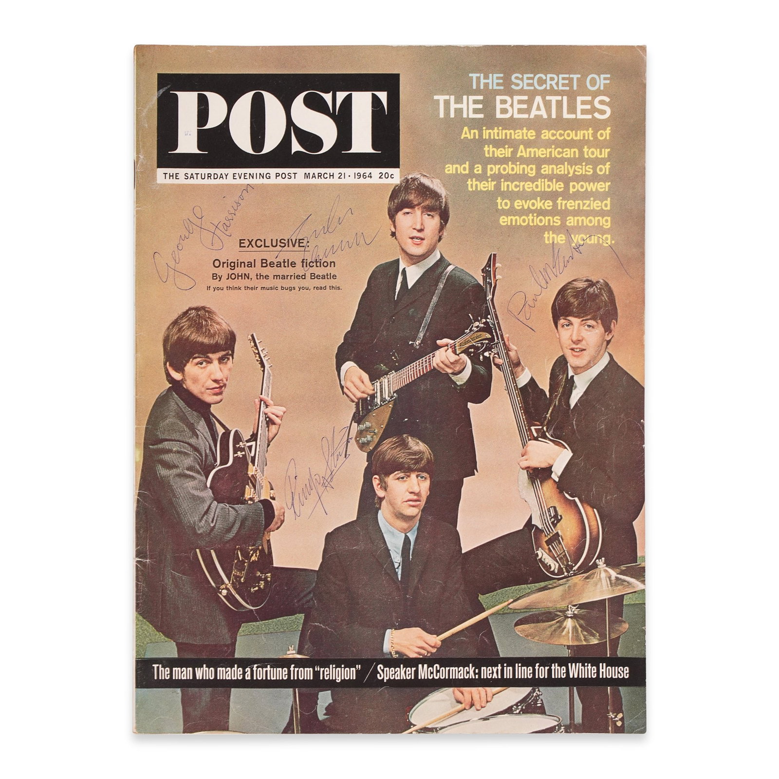 THE BEATLES FULLY SIGNED THE SATURDAY EVENING POST MAGAZINE: 13 5/8 x 10 5/8 in (34.5 x 27 cm) Provenance and authentication: This collectible has undergone a rigorous forensic evaluation. The signatures were carefully analyzed across multiple criteria,