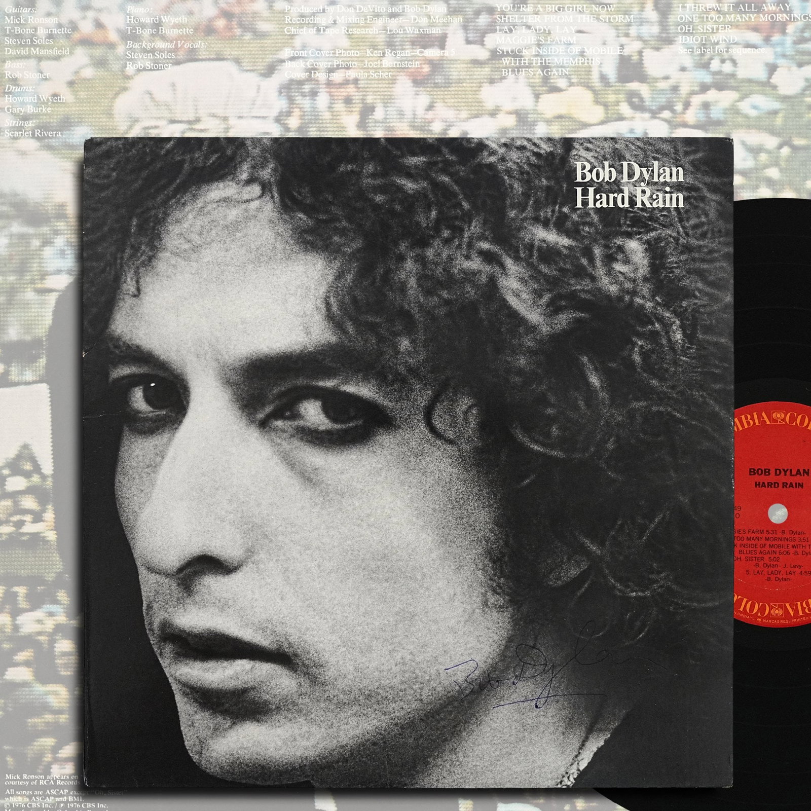 BOB DYLAN SIGNED "HARD RAIN" LP (U.S. FIRST PRESSING): 12 1/4 x 12 1/4 in Released by Columbia Records in 1976, Hard Rain captures Bob Dylan during the celebrated Rolling Thunder Revue era, presenting powerful live performances recorded during one of the