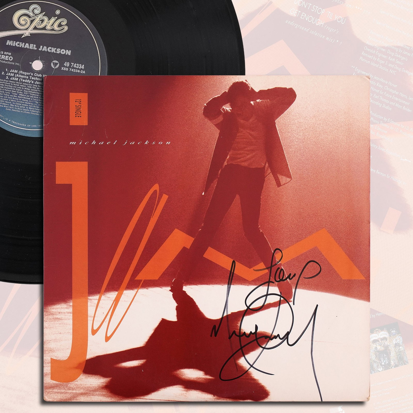 MICHAEL JACKSON SIGNED "JAM" 12" SINGLE LP: 12 1/4 x 12 1/4 in Provenance and Authentication: This collectible has undergone a rigorous forensic evaluation. The signatures were carefully analyzed across multiple criteria, including ink