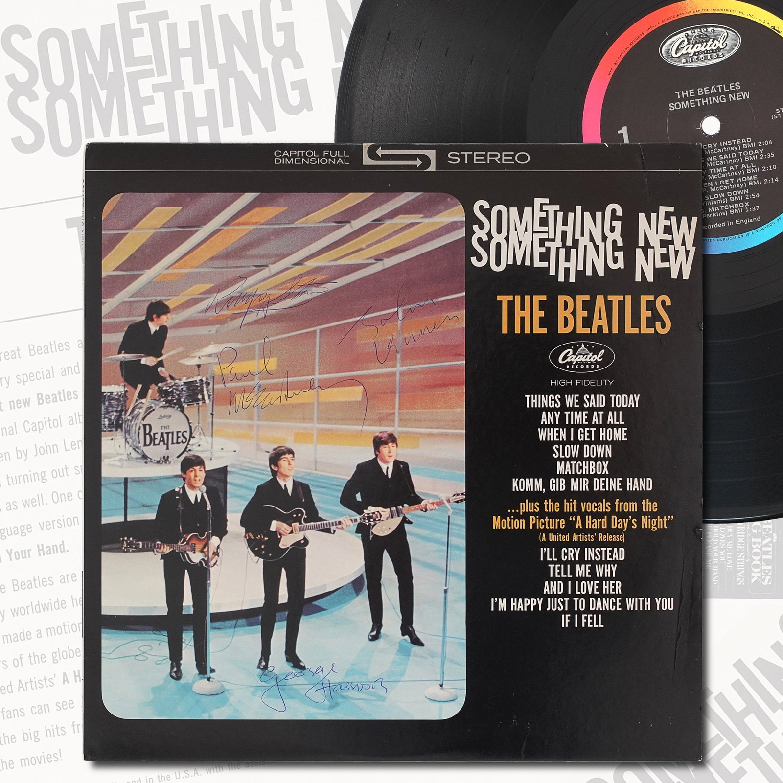 THE BEATLES FULLY SIGNED "SOMETHING NEW" LP: 12 1/4 x 12 1/4 in Provenance and Authentication: This collectible has undergone a rigorous forensic evaluation. The signatures were carefully analyzed across multiple criteria, including ink