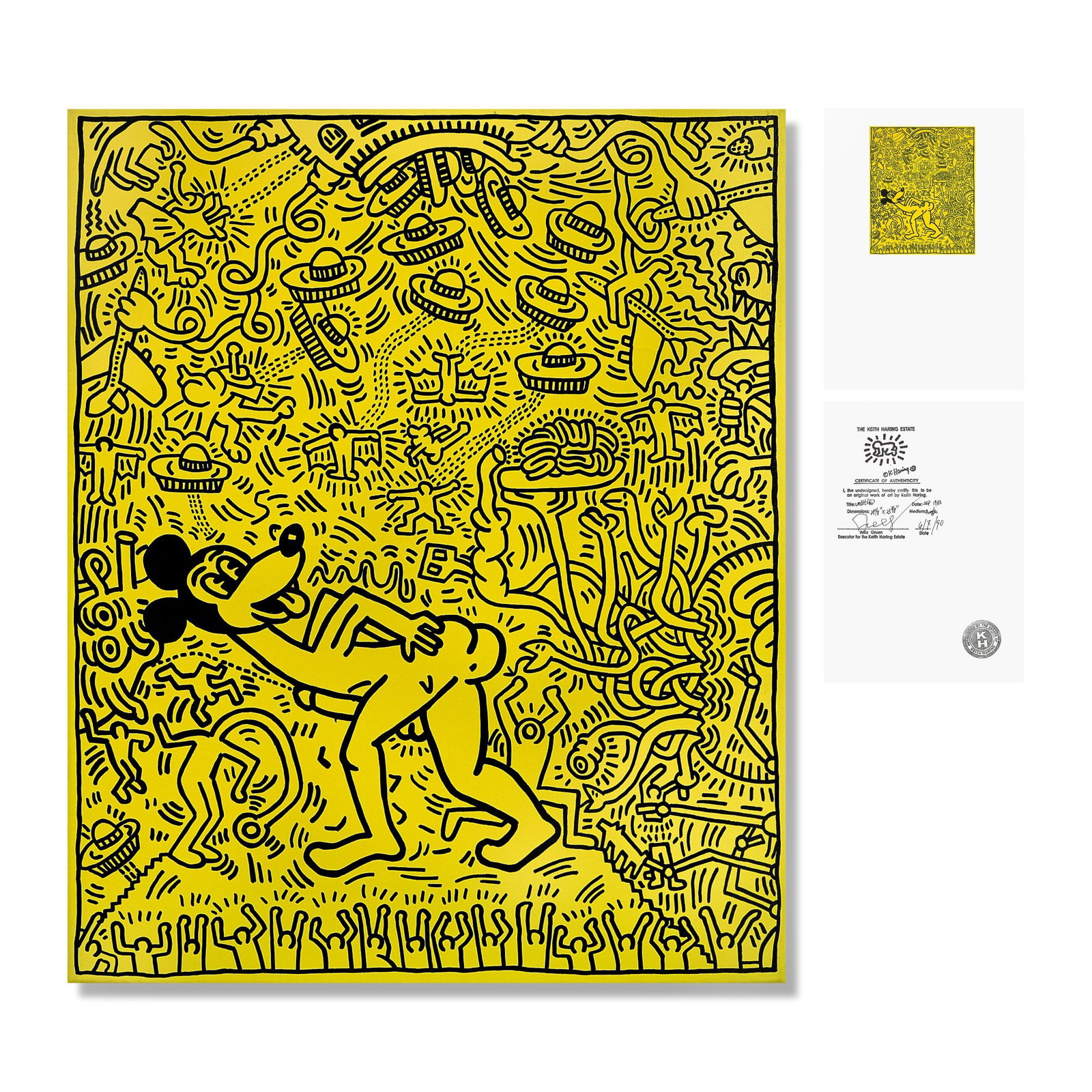 KEITH HARING (1958-1990), ATTRIBUTED TO, ACRYLIC ON CANVAS: Signed (verso) Image Dimensions: 29 1/8 x 23 3/4 in (74 x 60.5 cm) This painting comes with COA. Keith Haring emerged as one of the most influential voices of the 1980s, developing a visual language r