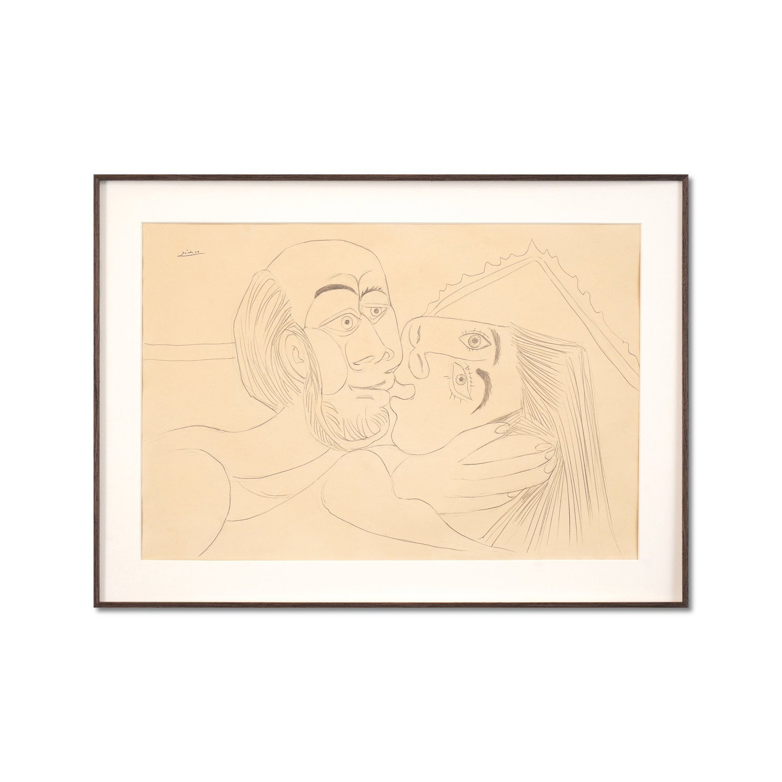 PABLO PICASSO (1881-1973), ATTRIBUTED TO, PENCIL ON PAPER: Signed (upper left) Image Dimensions: 23 3/8 x 15 3/4 in (59.4 x 40 cm) This painting comes with COA. Created in 1968 during Picasso's remarkable late period, The Kiss stands as a testament to the
