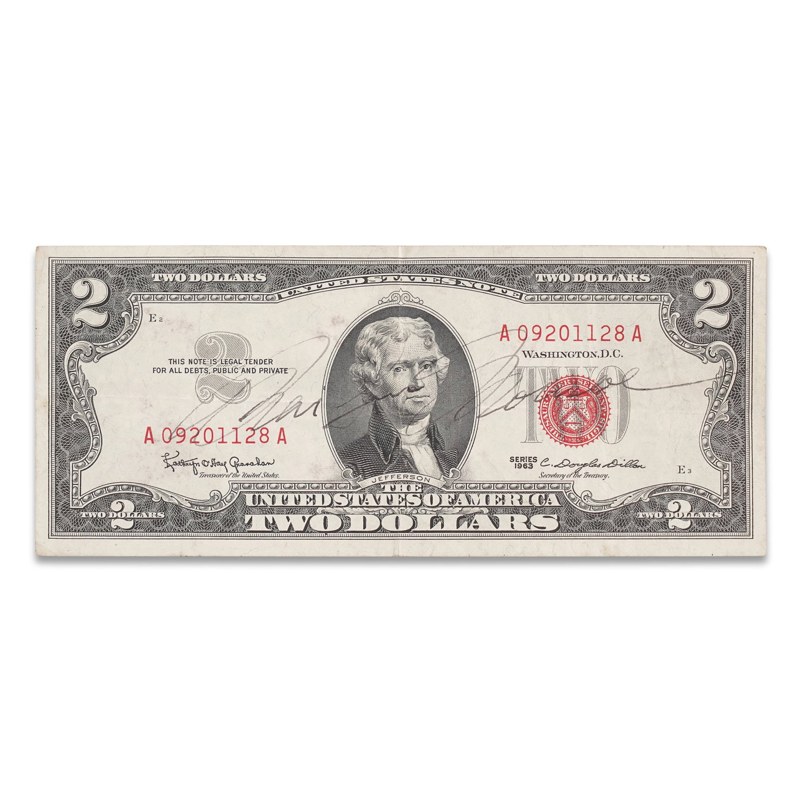 MARILYN MONROE SIGNED 1963 U.S. $2 RED SEAL NOTE: 6 1/8 x 2 5/8 in (15.6 x 6.6 cm) Provenance and Authentication: This collectible has undergone a rigorous forensic evaluation. The signatures were carefully analyzed across multiple criteria,