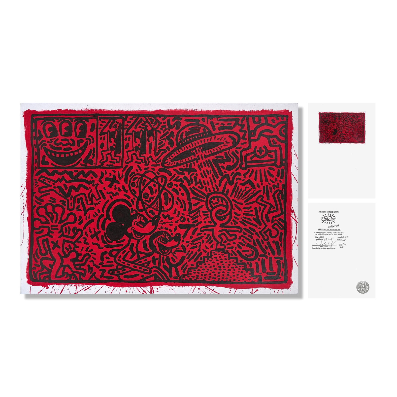 KEITH HARING (1958-1990), ATTRIBUTED TO, ACRYLIC ON CANVAS: Signed (verso) Image Dimensions: 22 3/4 x 28 in (58 x 84 cm) This painting comes with COA. Keith Haring remains one of the most influential and visually recognizable artists of the late twentieth cent