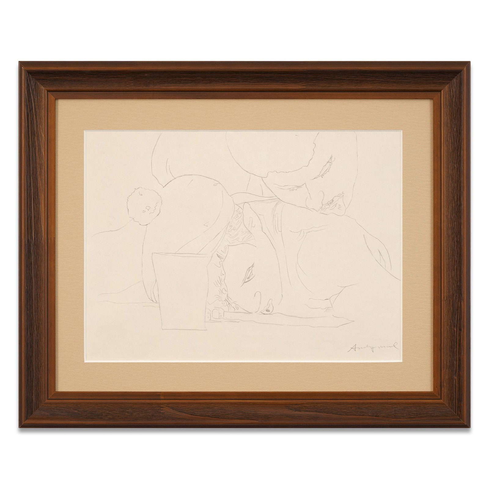 ANDY WARHOL SIGNED PENCIL SKETCH: Image Dimensions: 13 3/4 x 18 7/8 in (35 x 48 cm) Framed Dimensions: 22 1/2 x 27 1/2 in (57 x 69.7 cm) Provenance and Authentication: This collectible has undergone a rigorous forensic evaluation. The