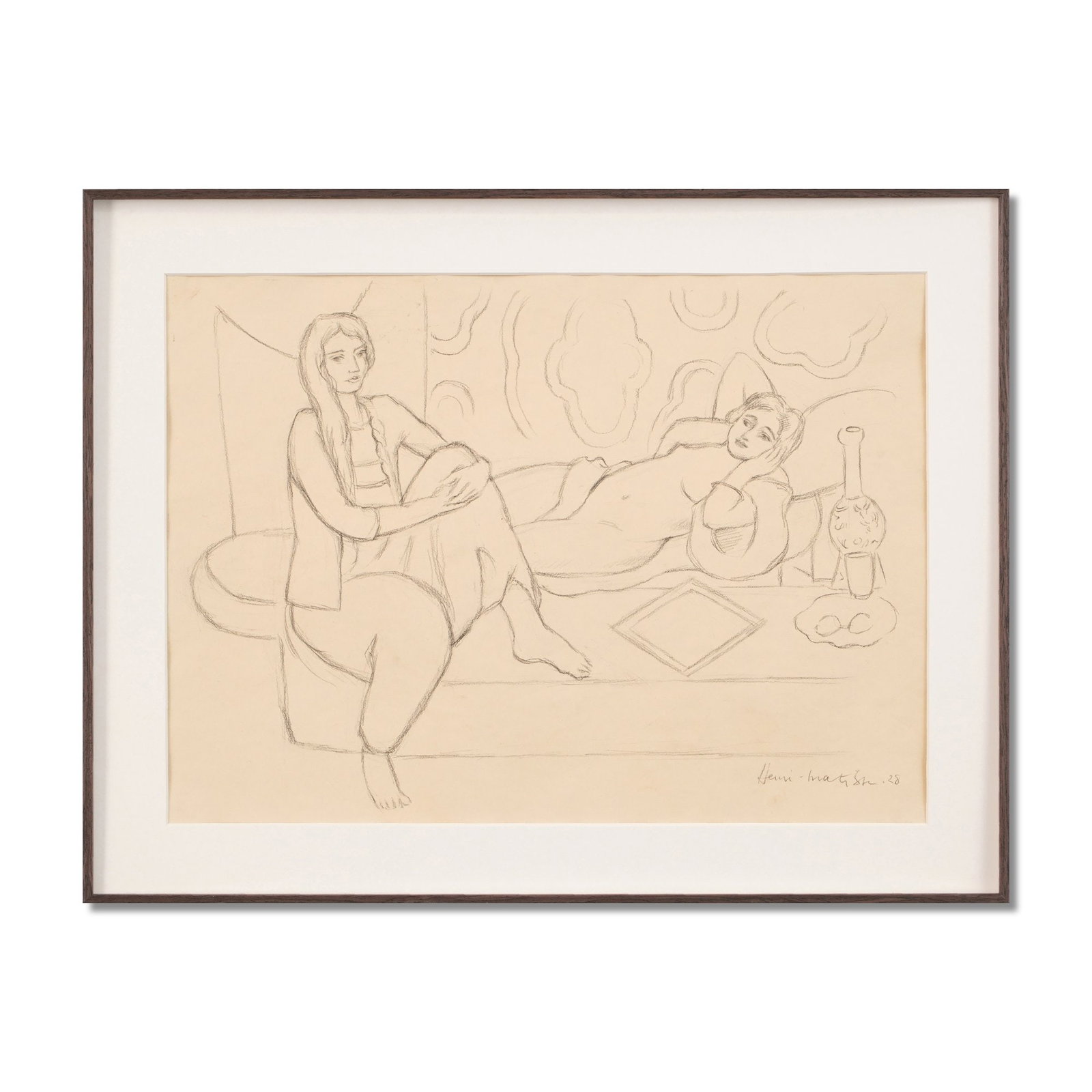 HENRI MATISSE (1869-1954), ATTRIBUTED TO, PENCIL ON CANVAS: Signed (lower right) Image Dimensions: 15 1/8 x 20 in (38.4 x 50.8 cm) Framed Dimensions: 25 x 19 1/8 in (63.4 x 48.6 cm) This painting comes with COA. This refined pencil drawing by Henri Matisse