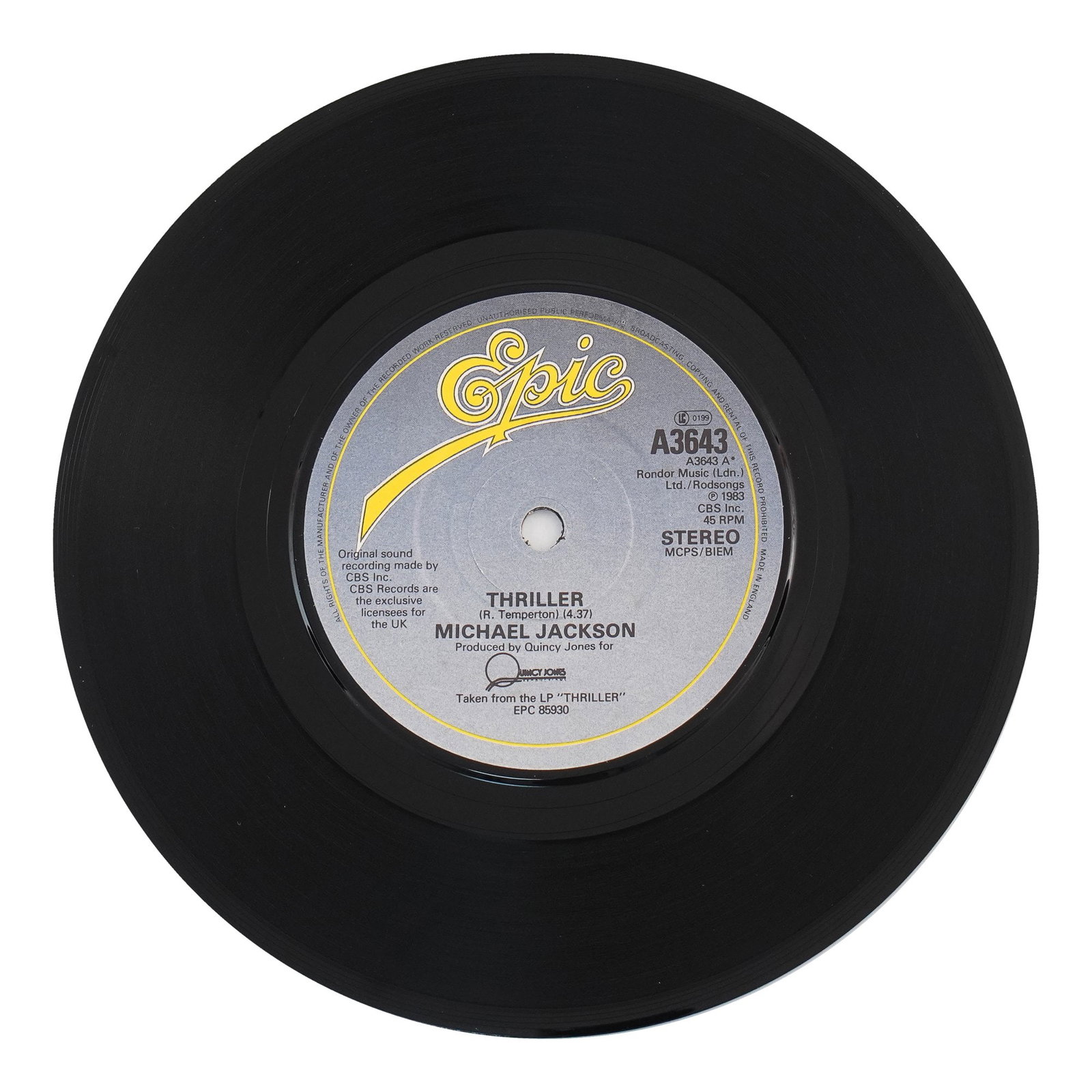 MICHAEL JACKSON SIGNED "THRILLER" 7-INCH SINGLE - 3