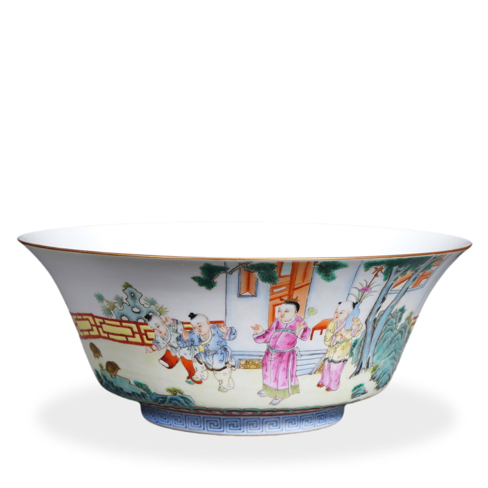 JIAQING FAMILLE ROSE 'CHILDREN AT PLAY' LARGE BOWL: 3 3/8 x 8 1/4 in (8.5 x 21 cm) Jiaqing Famille Rose 'Children at Play' Large Bowl Dimensions: D: 8 1/4 in (21 cm); H: 3 3/8 in (8.5 cm) This finely potted large bowl exemplifies the introspective