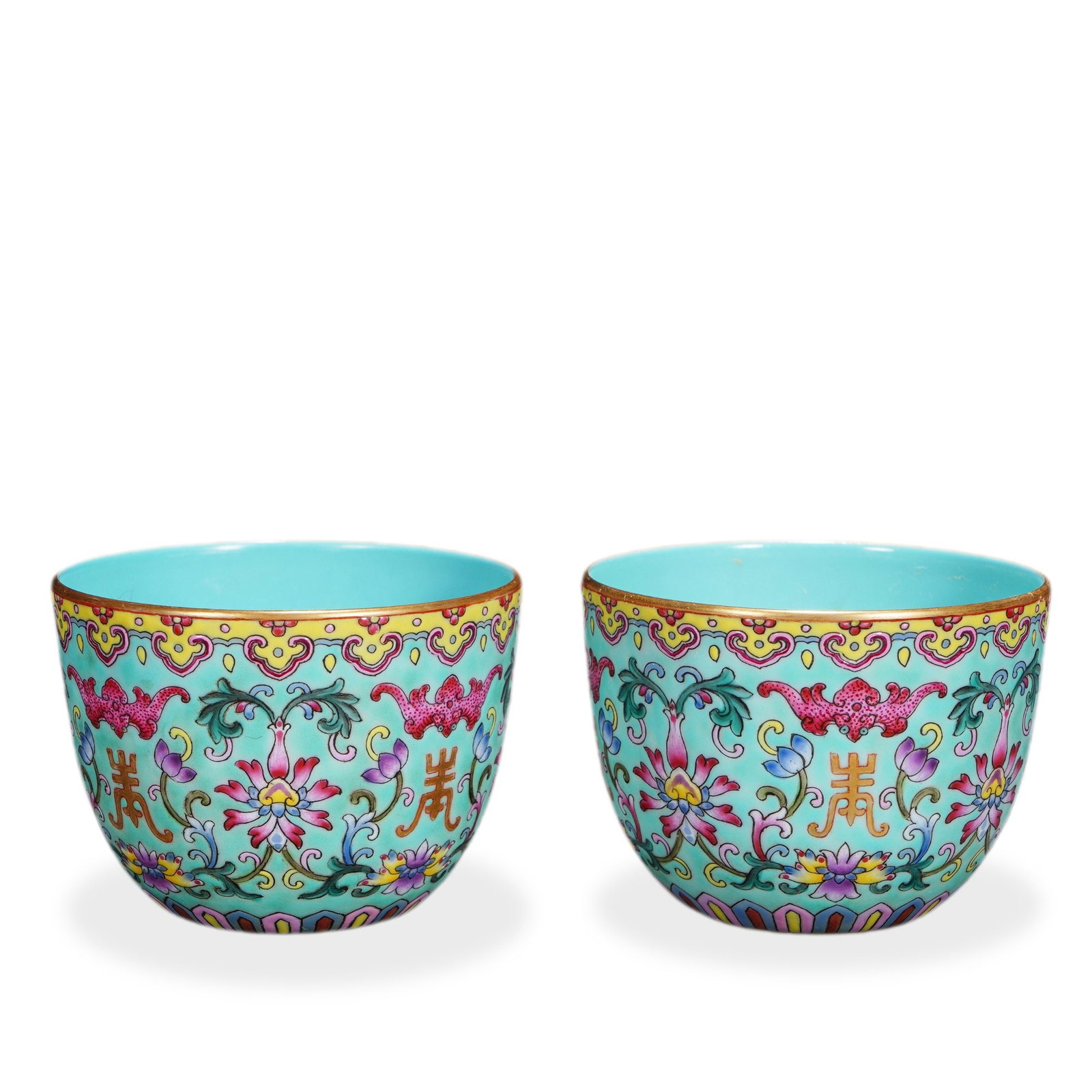 PAIR OF QIANLONG FALANGCAI 'BLESSINGS AND LONGEVITY' CUPS ON TURQUOISE GROUND: 2 x 2 3/4 in (5 x 7 cm) Pair of Qianlong Falangcai 'Blessings and Longevity' Cups on Turquoise Ground Dimensions: D: 2 3/4 in (7 cm); H: 2 in (5 cm) This refined pair of small straight-walled cups
