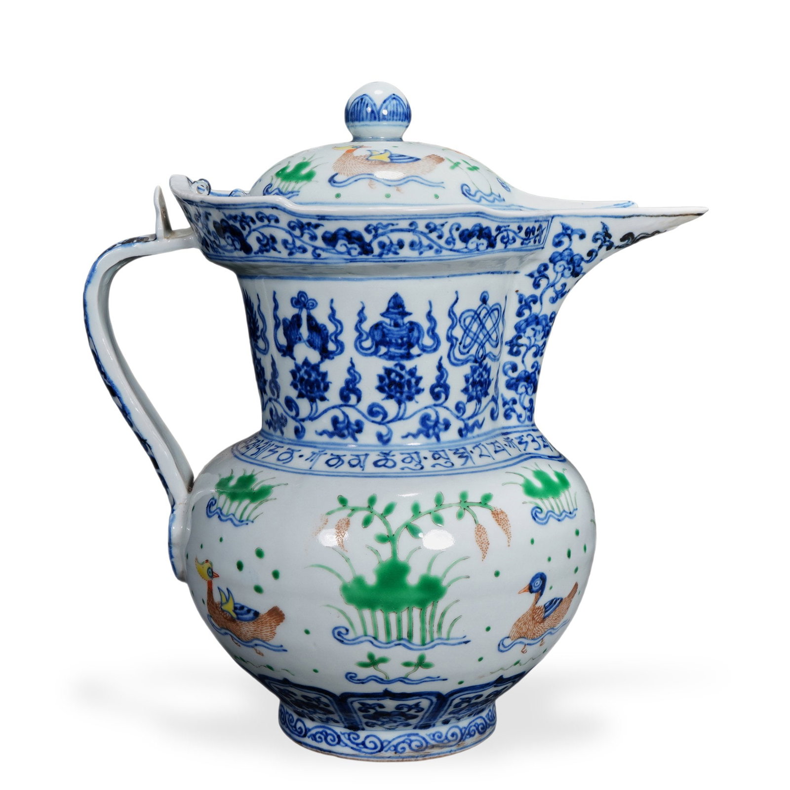 MING XUANDE WUCAI 'MANDARIN DUCKS IN A LOTUS POND' MONK'S CAP EWER: 9 x 9 in (23 x 23 cm) Ming Xuande Wucai 'Mandarin Ducks in a Lotus Pond' Monk's Cap Ewer Dimensions: H: 9 in (23 cm); W: 9 in (23 cm) This commanding monk's cap ewer (sengmao hu) exemplifies one of