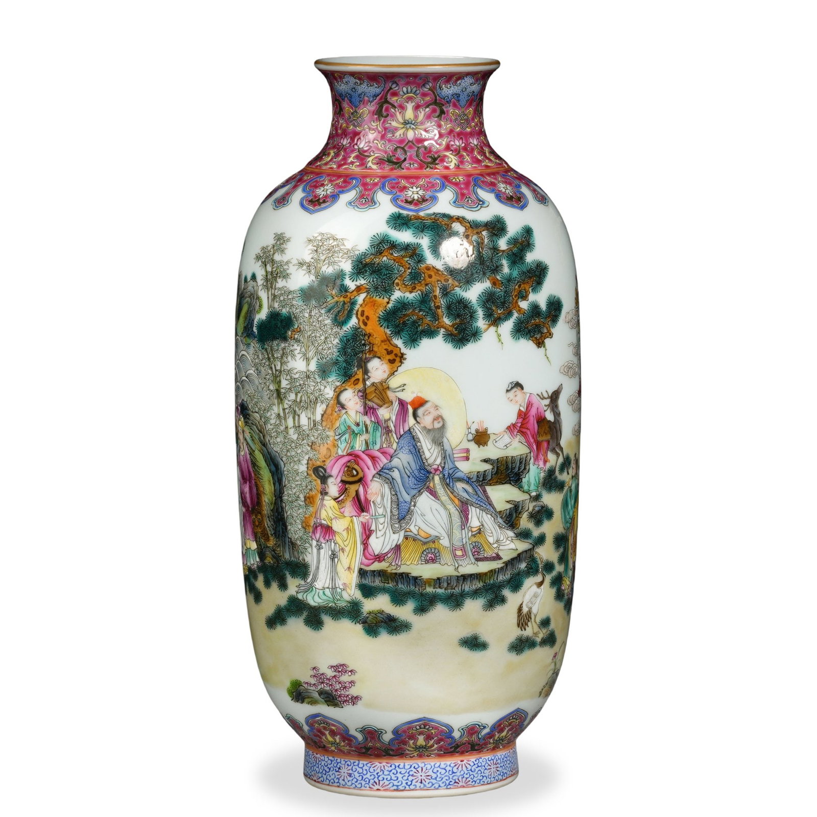 QIANLONG FAMILLE ROSE 'EIGHT DAOIST IMMORTALS' LANTERN VASE: 10 x 4 in (25.5 x 10 cm) Qianlong Famille Rose 'Eight Daoist Immortals' Lantern Vase Dimensions: H: 10 in (25.5 cm); W: 4 in (10 cm) This refined lantern vase (denglong ping) exemplifies the