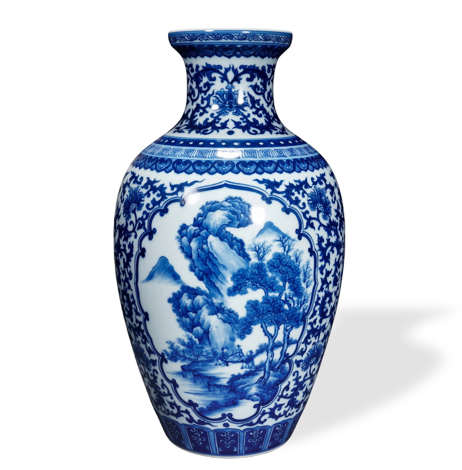 YONGZHENG BLUE AND WHITE VASE WITH CARTOUCHES OF LANDSCAPE AND FIGURAL SCENES (1 of 6)