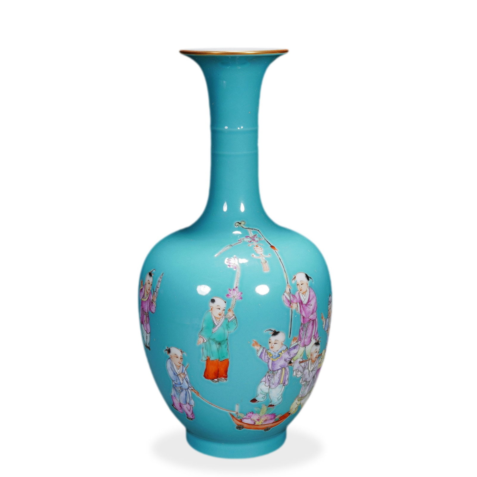 QIANLONG FAMILLE ROSE 'CHILDREN AT PLAY' LONG-NECKED VASE ON TURQUOISE GROUND: 8 1/8 x 3 3/8 in (20.5 x 8.5 cm) Qianlong Famille Rose 'Children at Play' Long-Necked Vase on Turquoise Ground Dimensions: H: 8 in (20.5 cm); W: 3 3/8 in (8.5 cm) This refined small vase exemplifies t