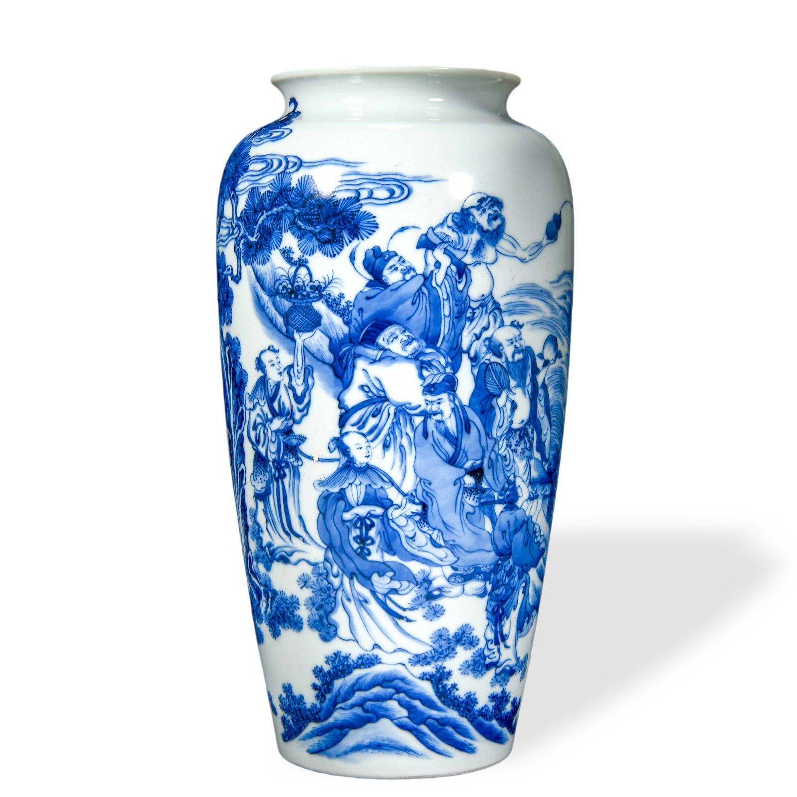 YONGZHENG BLUE AND WHITE 'EIGHT DAOIST IMMORTALS' ELEPHANT-LEG VASE: 12 x 6 3/4 in (30.5 x 17 cm) Yongzheng Blue and White 'Eight Daoist Immortals' Elephant-Leg Vase Dimensions: H: 12 in (30.5 cm); W: 6 3/4 in (17 cm) This refined cylindrical vase (xiangtui zun, 'eleph