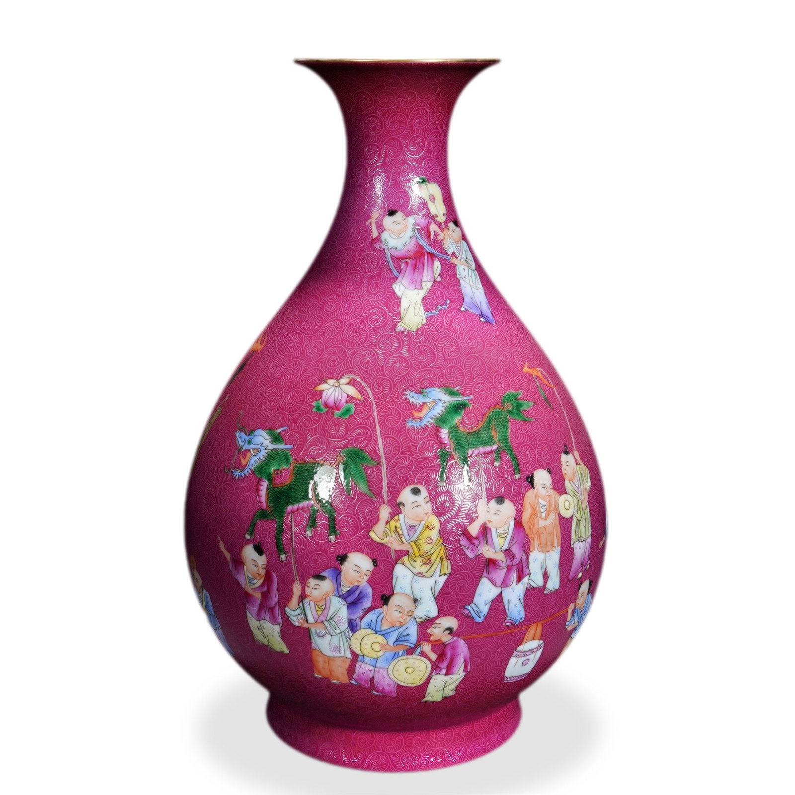 YONGZHENG RUBY-RED AND FAMILLE ROSE 'CHILDREN AT PLAY' YUHUCHUNPING ON SGRAFFIATO GROUND: 11 3/4 x 11 in (30 x 28 cm) Yongzheng Ruby-Red and Famille Rose 'Children at Play' Yuhuchunping on Sgraffiato Ground Dimensions: H: 11 3/4 in (30 cm); W: 11 in (28 cm) This commanding pear-shaped