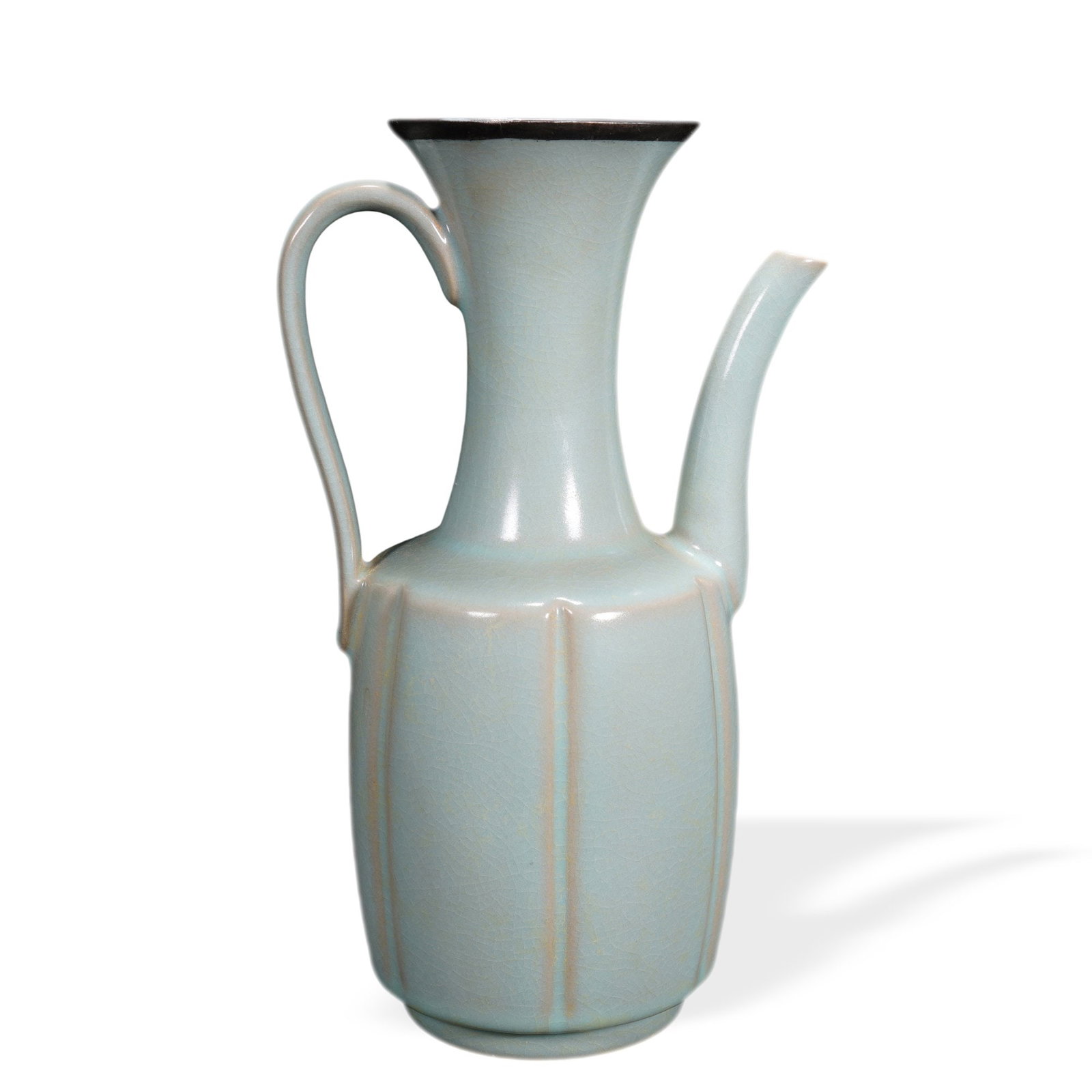 SONG DYNASTY JUN WARE SHADOW-BLUE LOBED EWER: 9 1/4 x 5 3/8 in (23.5 x 13.5 cm) Song Dynasty Jun Ware Shadow-Blue Lobed Ewer Dimensions: H: 9 1/4 in (23.5 cm); W: 5 3/8 in (13.5 cm) This refined ewer exemplifies the supreme aesthetic of Song Jun 