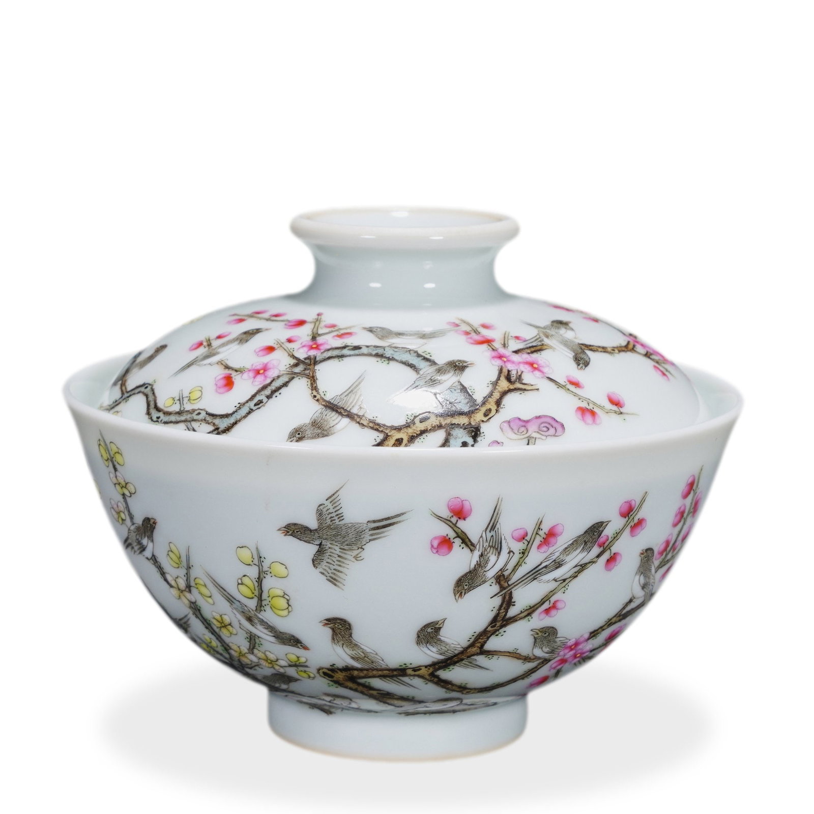 QIANLONG FAMILLE ROSE 'MAGPIES ON PLUM' TEA BOWL: 3 1/8 x 4 3/8 in (8 x 11 cm) Qianlong Famille Rose 'Magpies on Plum' Tea Bowl Dimensions: H: 3 1/8 in (8 cm); W: 4 3/8 in (11 cm) This finely potted tea bowl exemplifies the refinement of