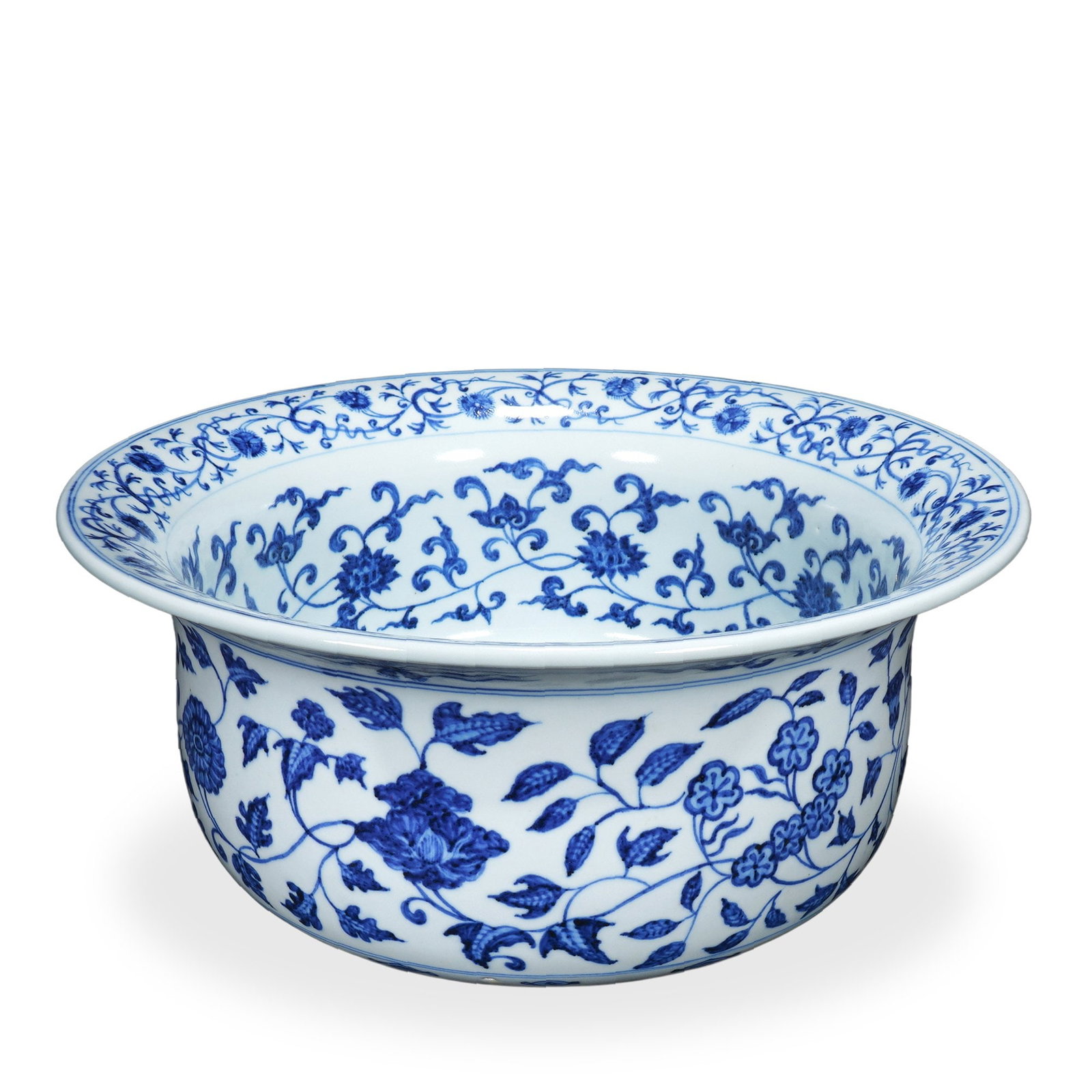 YUAN BLUE AND WHITE LARGE BRUSH WASHER WITH FLORAL AND 'HIDDEN EIGHT IMMORTALS' DESIGN: 5 1/2 x 13 in (14 x 33 cm) Yuan Blue and White Large Brush Washer with Floral and 'Hidden Eight Immortals' Design Dimensions: H: 5 1/2 in (14 cm); D: 13 in (33 cm) This impressively scaled brush washe